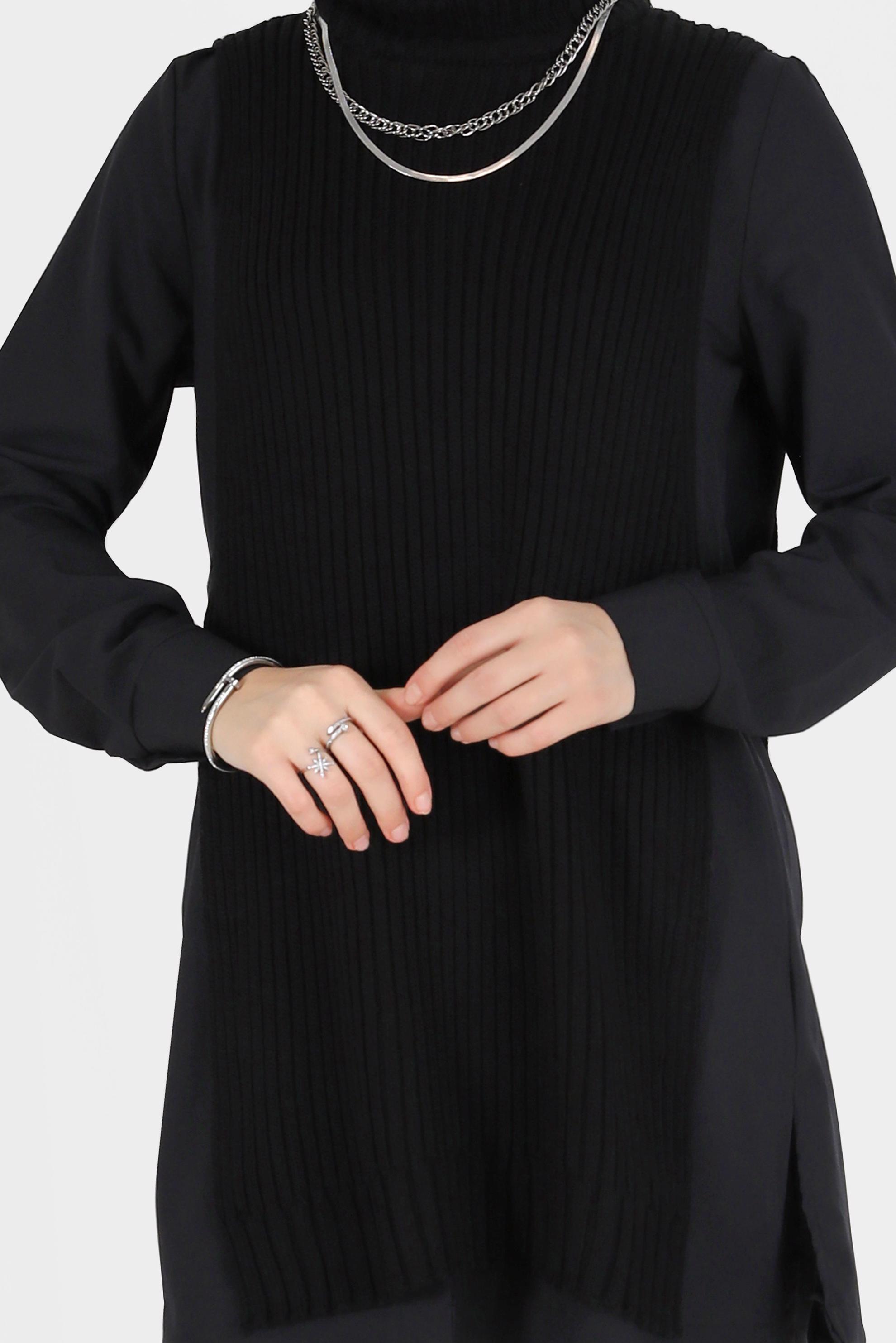 Tesettür giyim SİYAH BALIKÇI YAKA KENDİNDEN DESENLİ TRİKO TUNİK 42059 