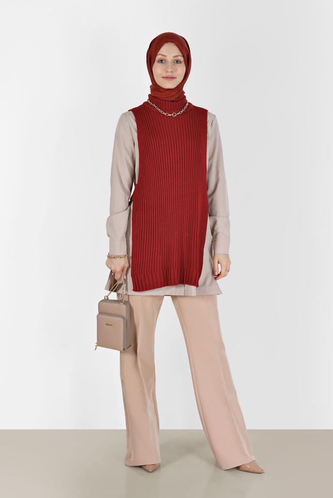 Tesettür giyim  BALIKÇI YAKA KENDİNDEN DESENLİ TRİKO TUNİK 42059  - ALVİNA