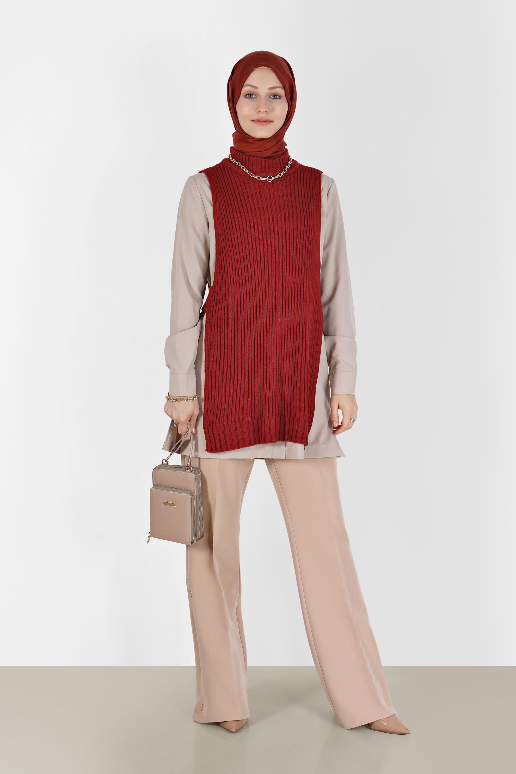 Tesettür giyim TURUNCU BALIKÇI YAKA KENDİNDEN DESENLİ TRİKO TUNİK 42059 