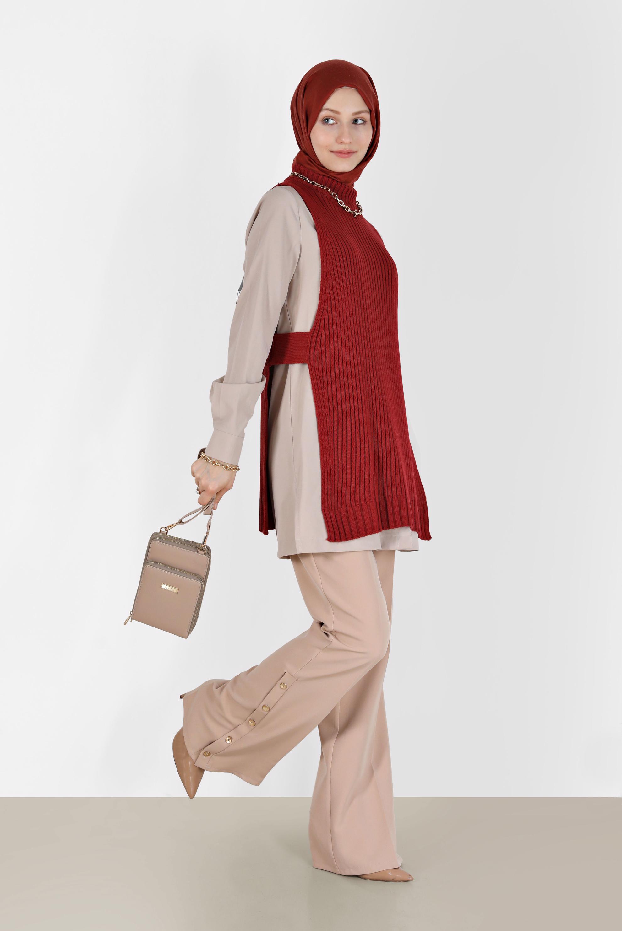 Tesettür giyim TURUNCU BALIKÇI YAKA KENDİNDEN DESENLİ TRİKO TUNİK 42059 