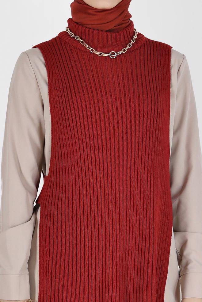 Tesettür giyim TURUNCU BALIKÇI YAKA KENDİNDEN DESENLİ TRİKO TUNİK 42059  - ALVİNA