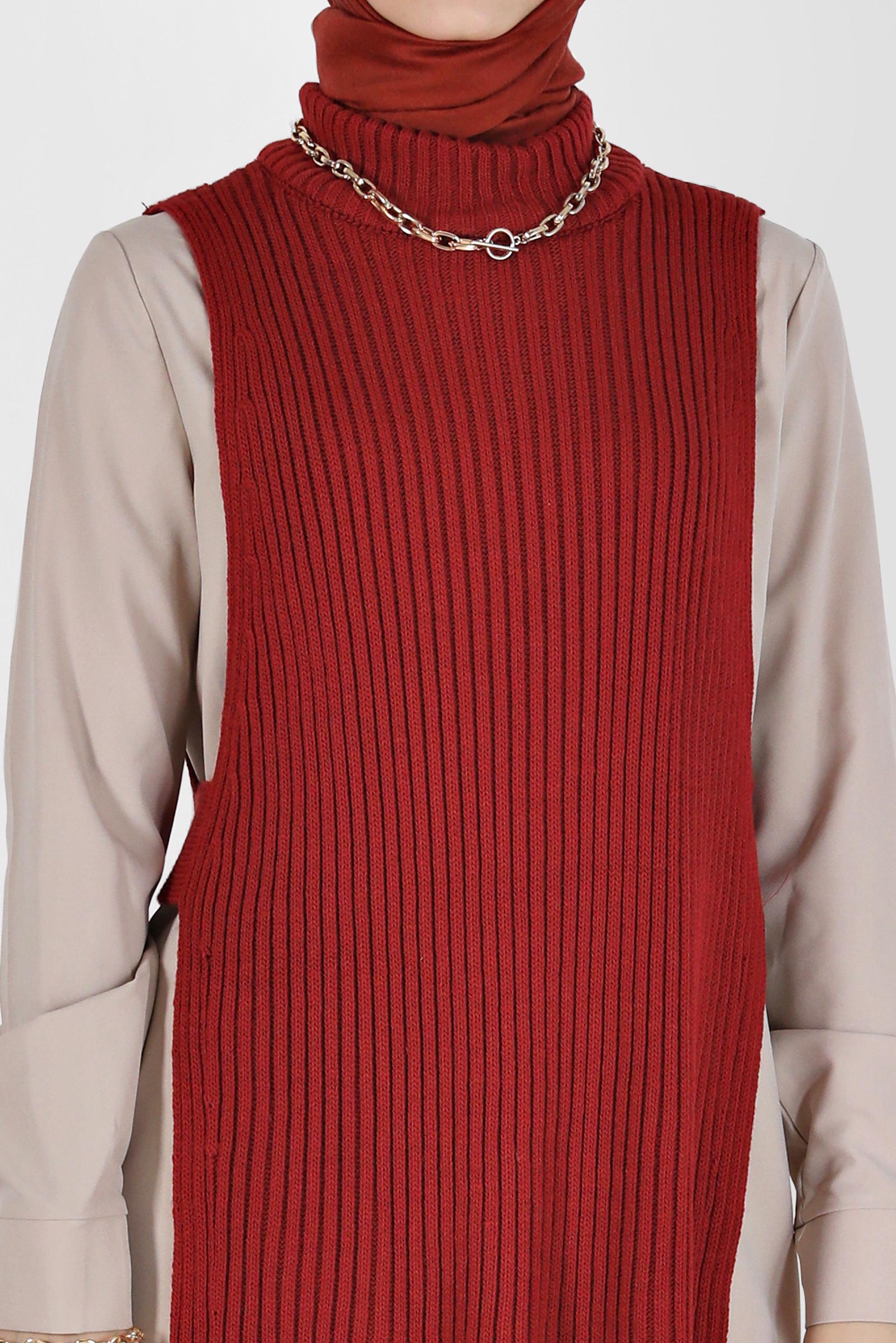 Tesettür giyim TURUNCU BALIKÇI YAKA KENDİNDEN DESENLİ TRİKO TUNİK 42059 