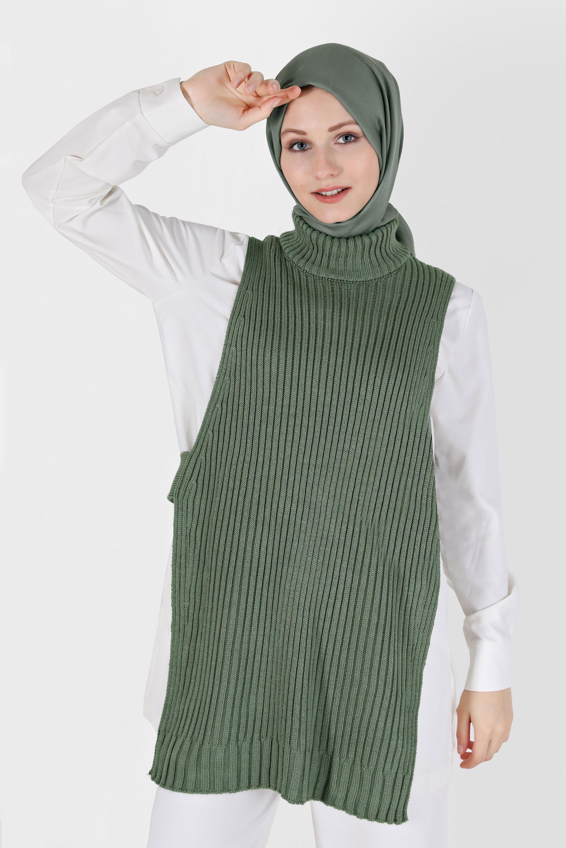 Tesettür giyim YEŞİL BALIKÇI YAKA KENDİNDEN DESENLİ TRİKO TUNİK 42059 