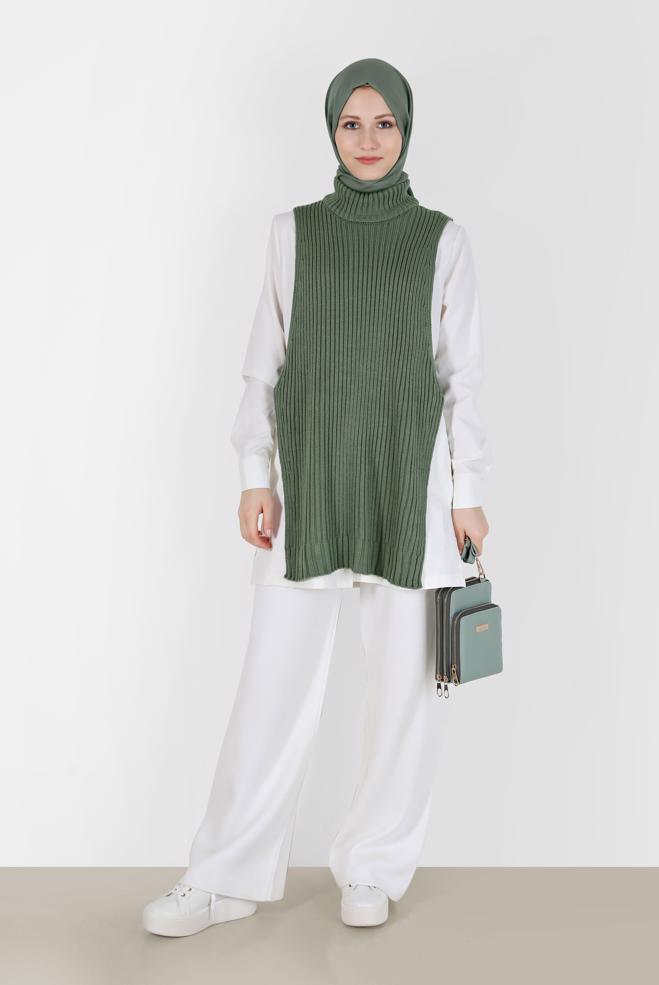 Tesettür giyim YEŞİL BALIKÇI YAKA KENDİNDEN DESENLİ TRİKO TUNİK 42059  - ALVİNA