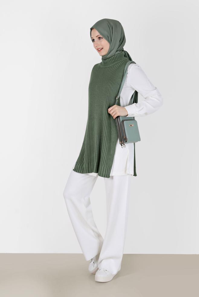 Tesettür giyim YEŞİL BALIKÇI YAKA KENDİNDEN DESENLİ TRİKO TUNİK 42059  - ALVİNA