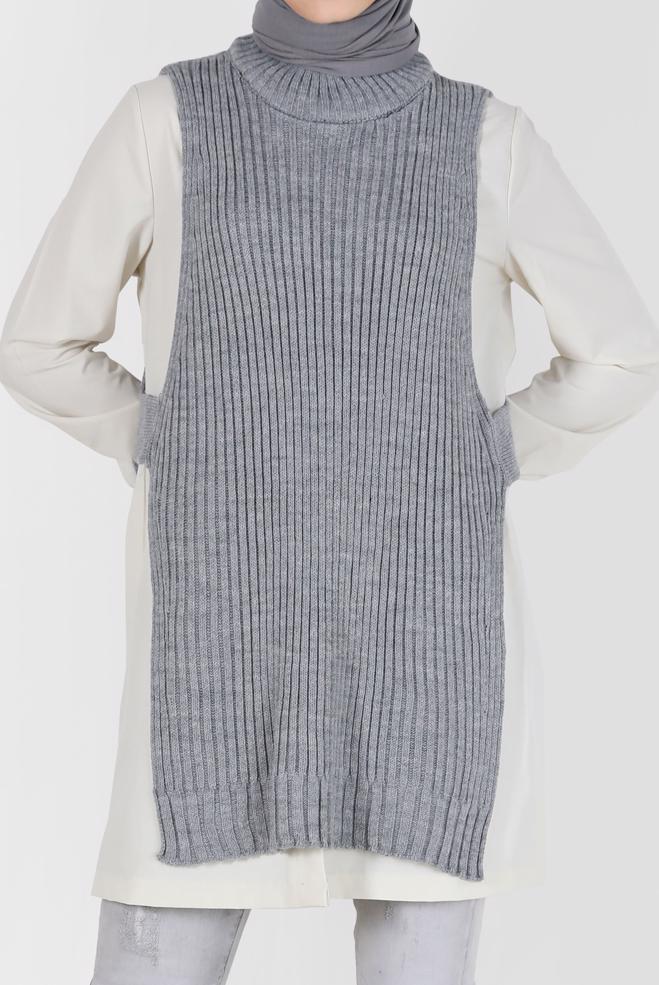 Tesettür giyim GRİ BALIKÇI YAKA KENDİNDEN DESENLİ TRİKO TUNİK 42059  - ALVİNA