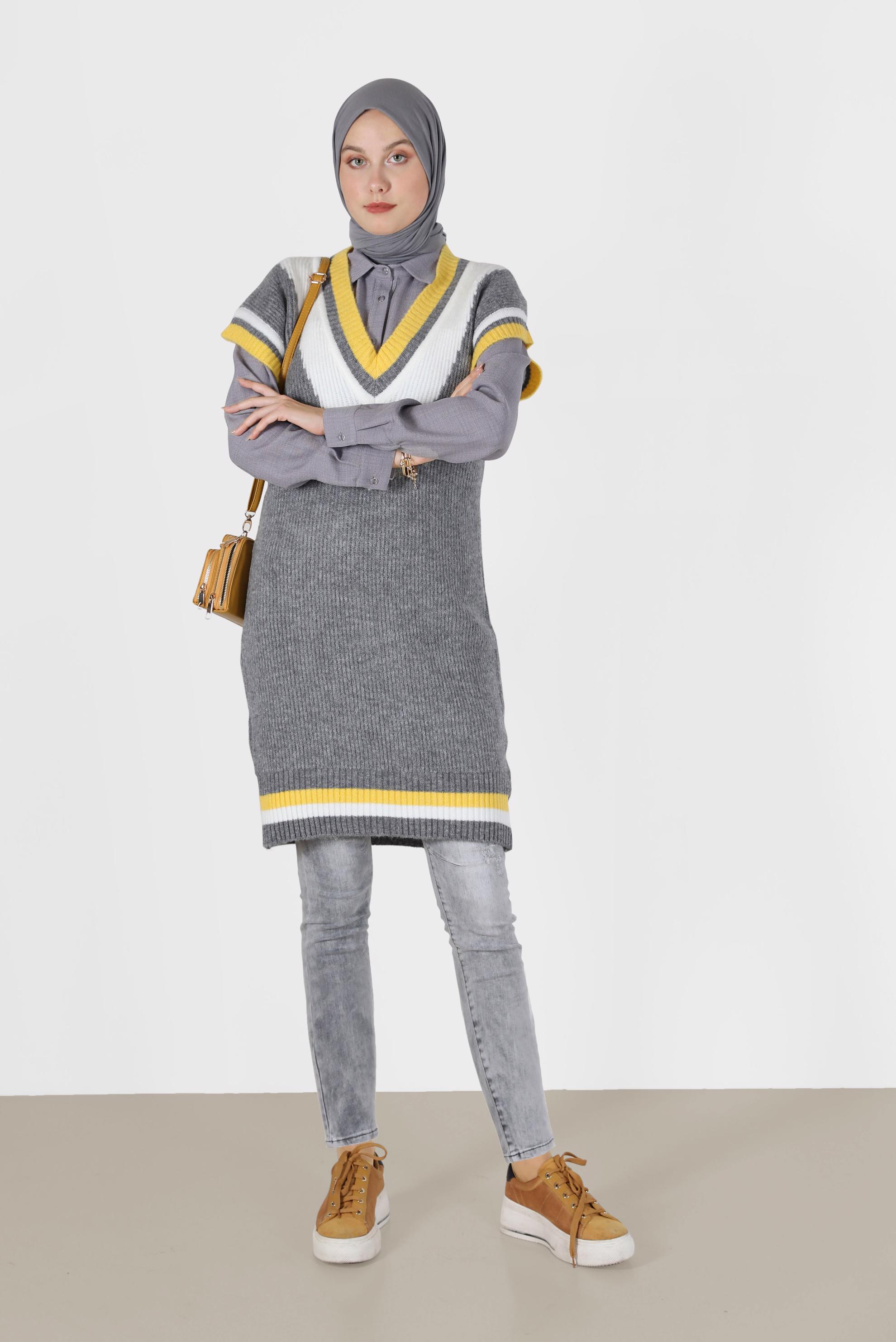 Vêtements hijab GRIS PULL COL EN V COULEUR EN MAILLE 42066