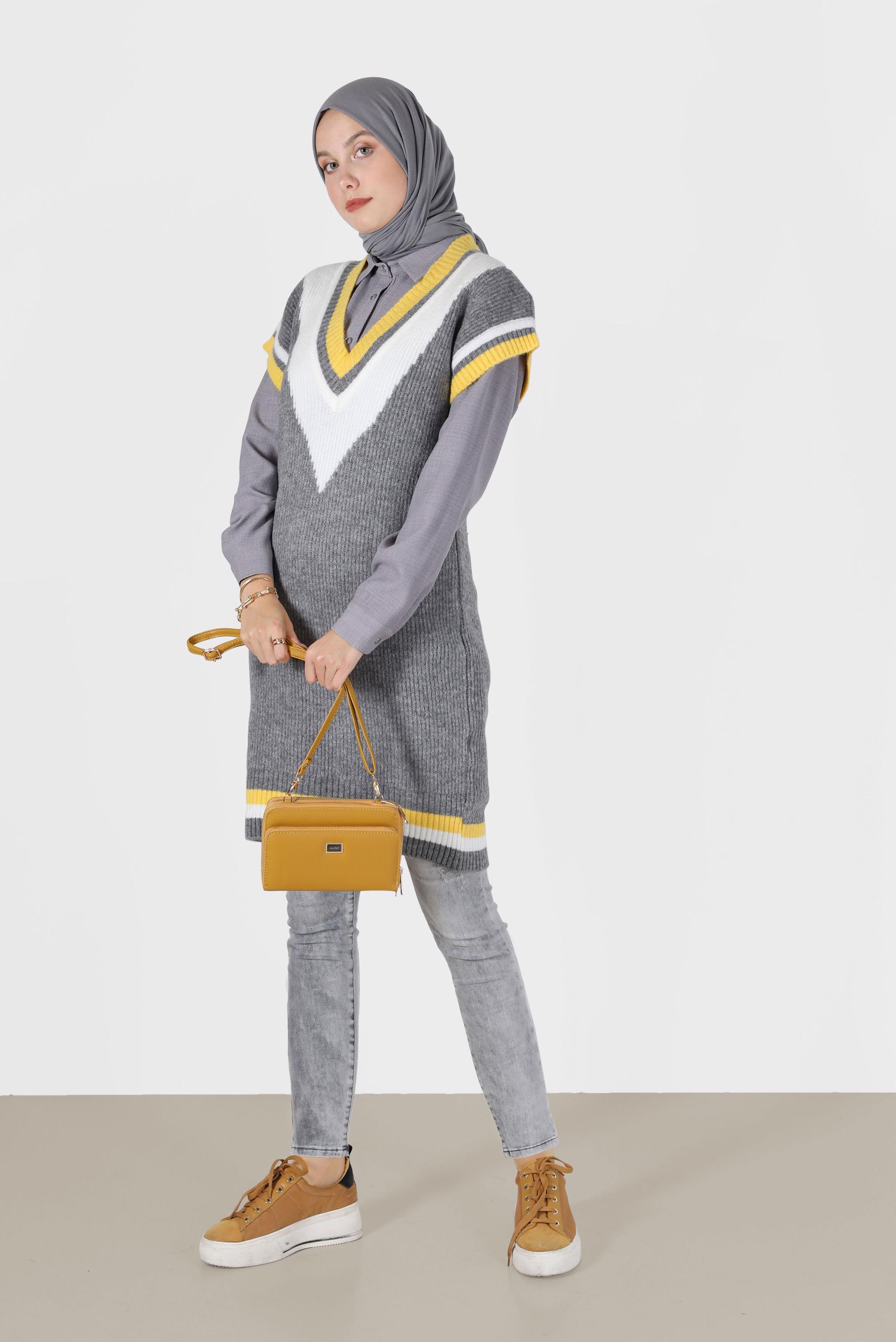 Vêtements hijab GRIS PULL COL EN V COULEUR EN MAILLE 42066