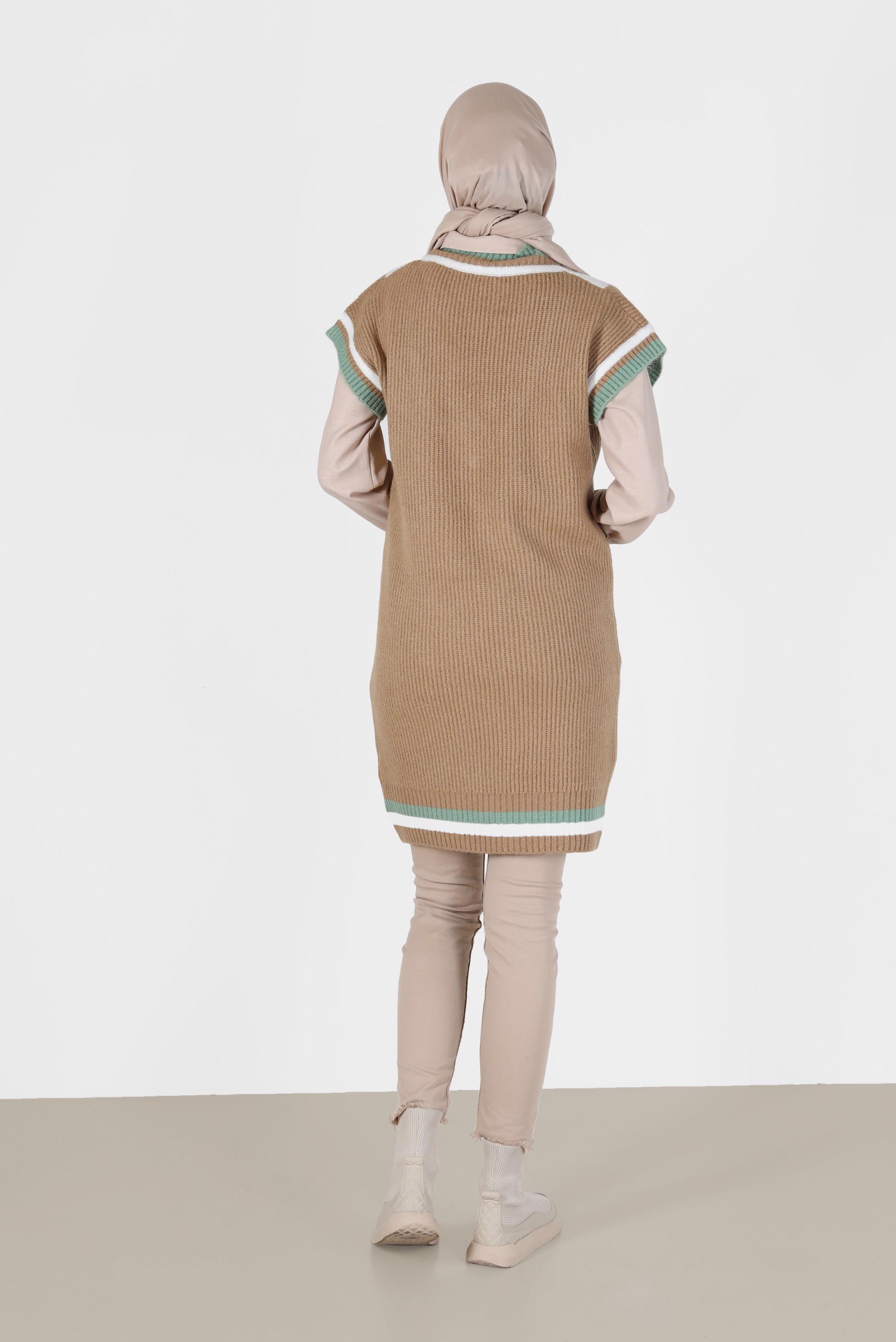 Tesettür giyim KAHVE RENKLİ V YAKA TRİKO SÜVETER 42066 