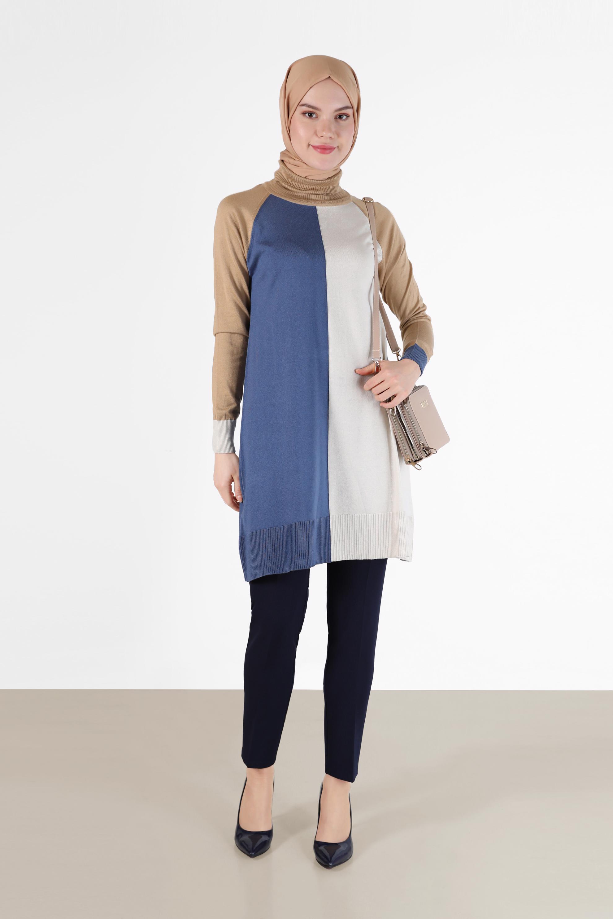 Tesettür giyim LACİVERT 3 RENKLİ TRİKO TUNİK 42085 