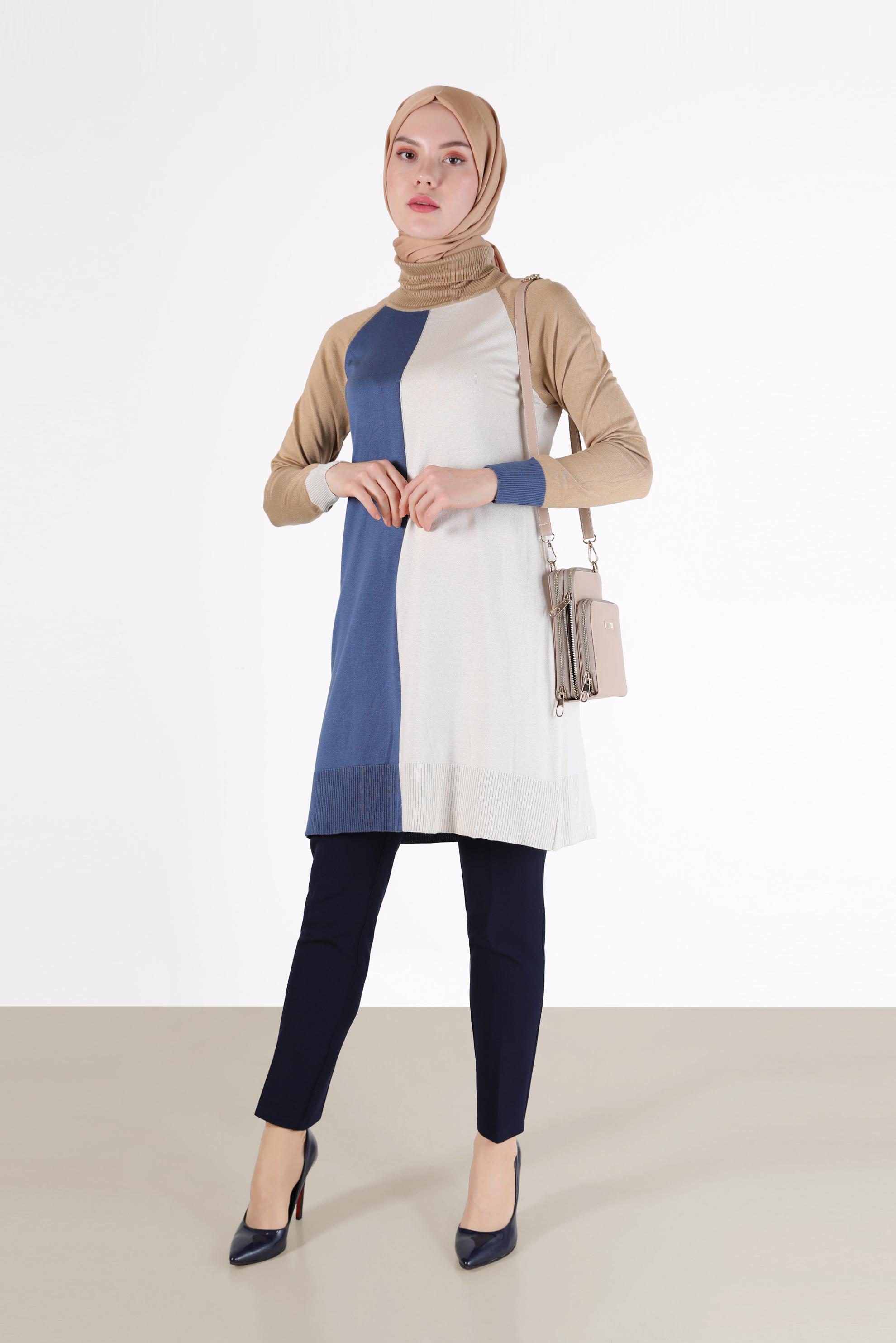 Tesettür giyim LACİVERT 3 RENKLİ TRİKO TUNİK 42085 