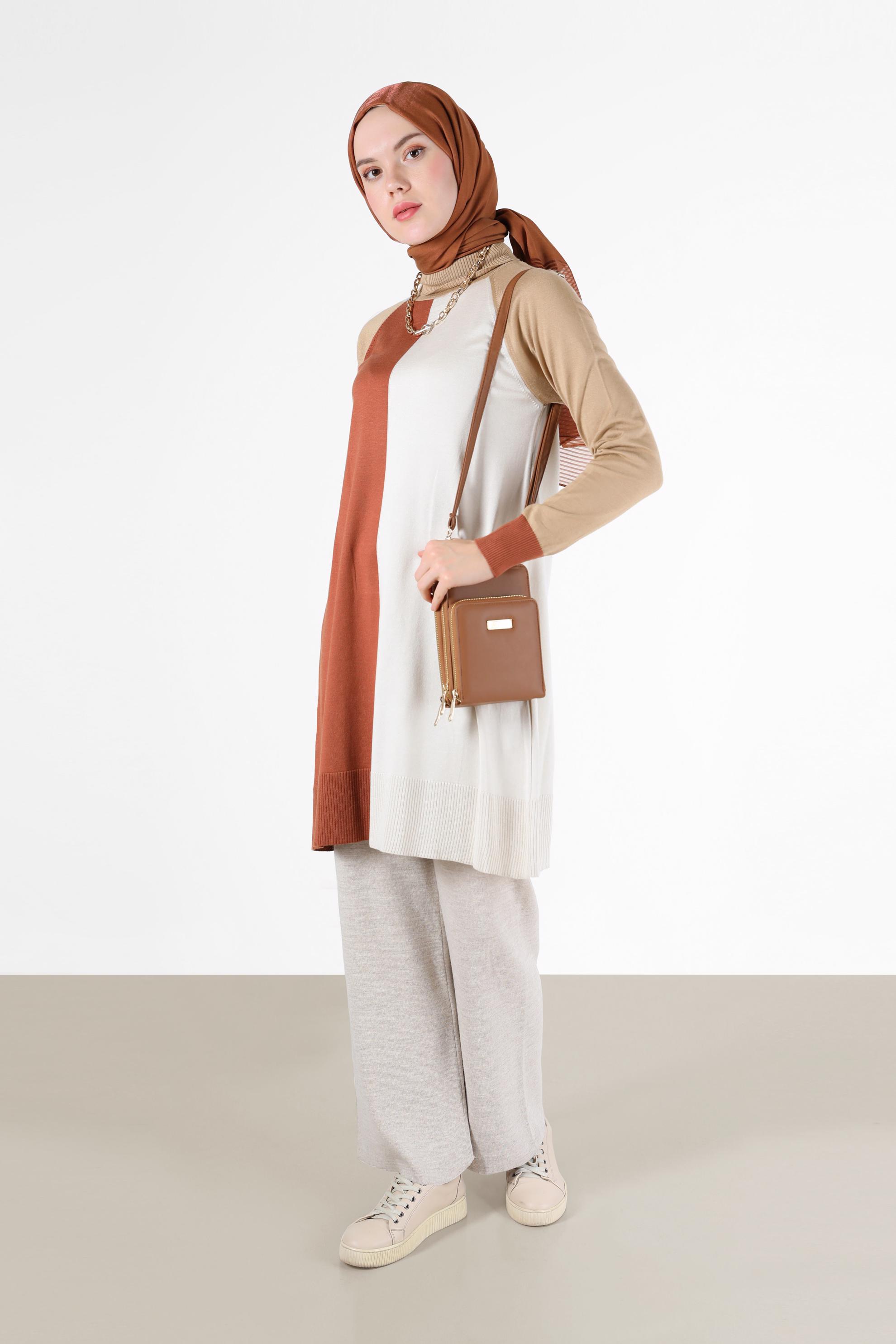 Tesettür giyim TURUNCU 3 RENKLİ TRİKO TUNİK 42085 