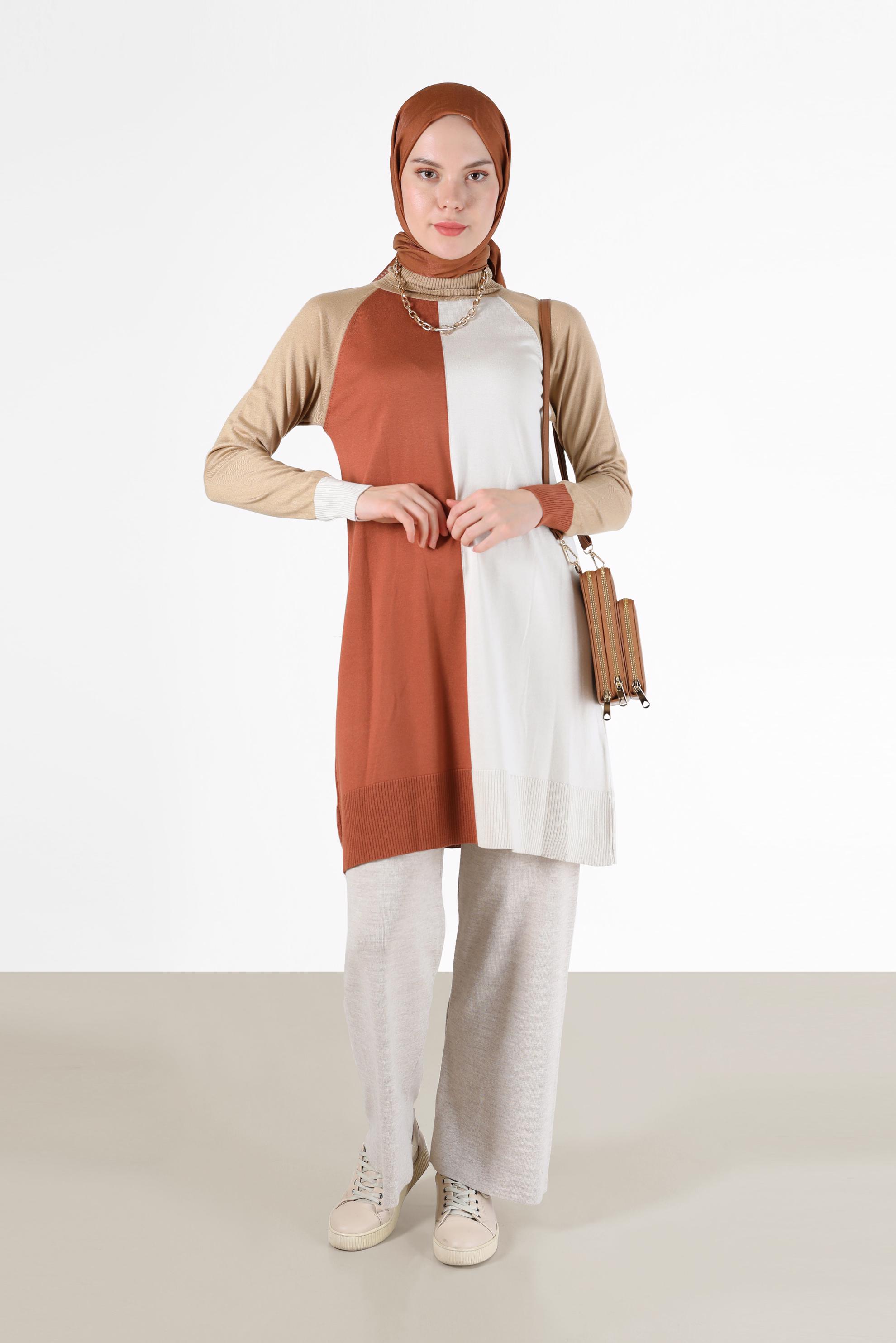 Tesettür giyim TURUNCU 3 RENKLİ TRİKO TUNİK 42085 