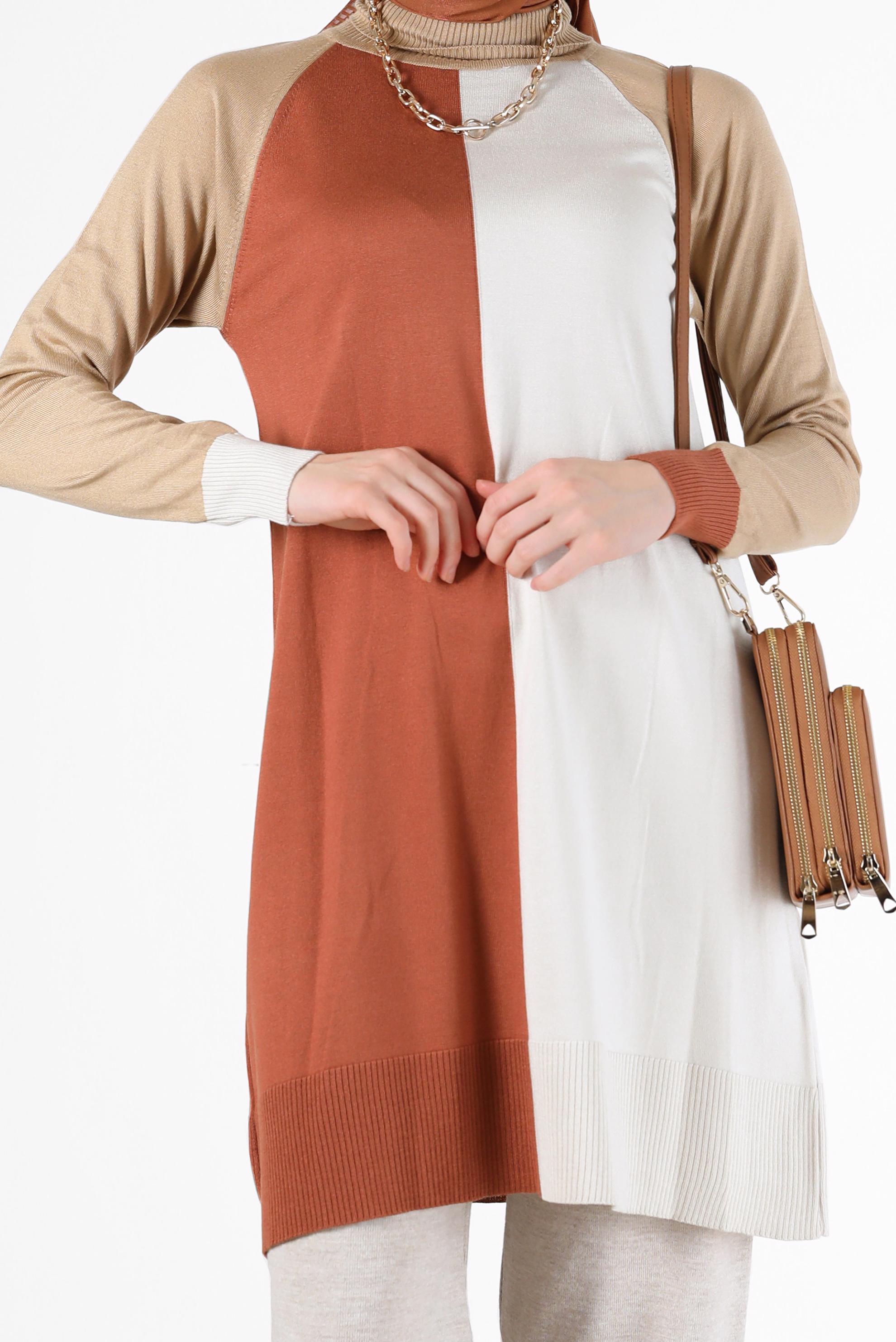 Tesettür giyim TURUNCU 3 RENKLİ TRİKO TUNİK 42085 