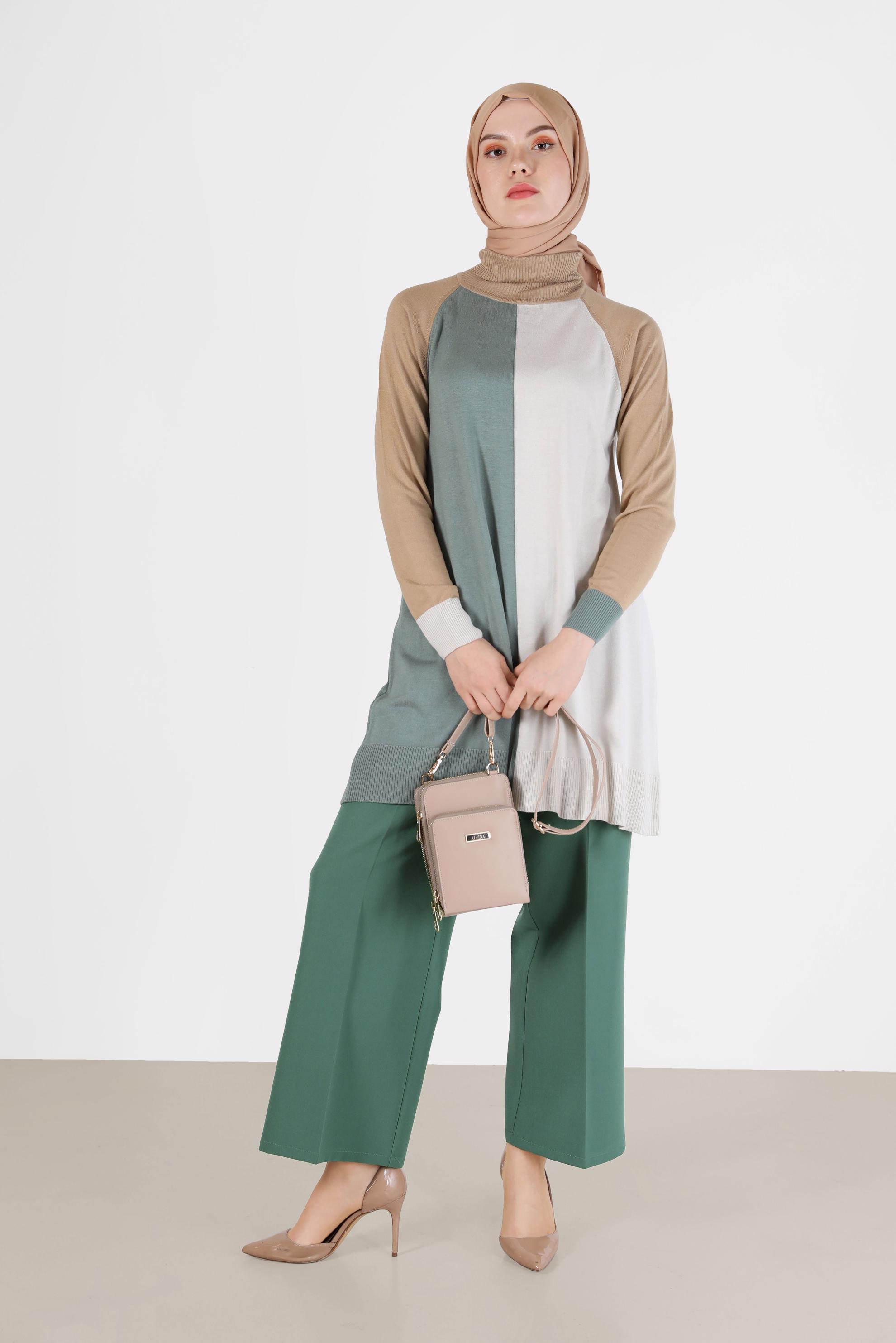 Tesettür giyim YEŞİL 3 RENKLİ TRİKO TUNİK 42085 