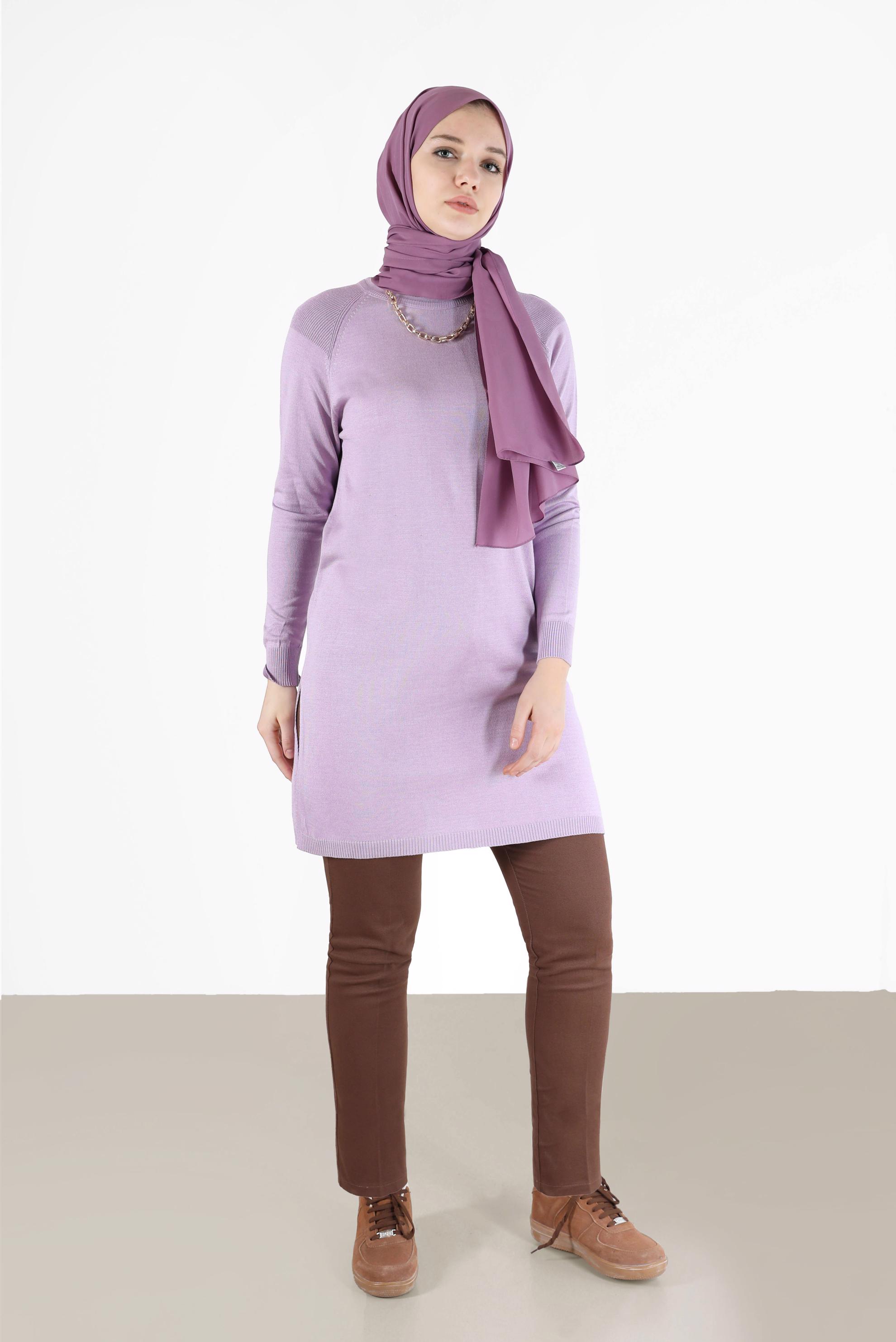 Tesettür giyim MOR YANLARI YIRTMAÇLI TRİKO TUNİK 42100