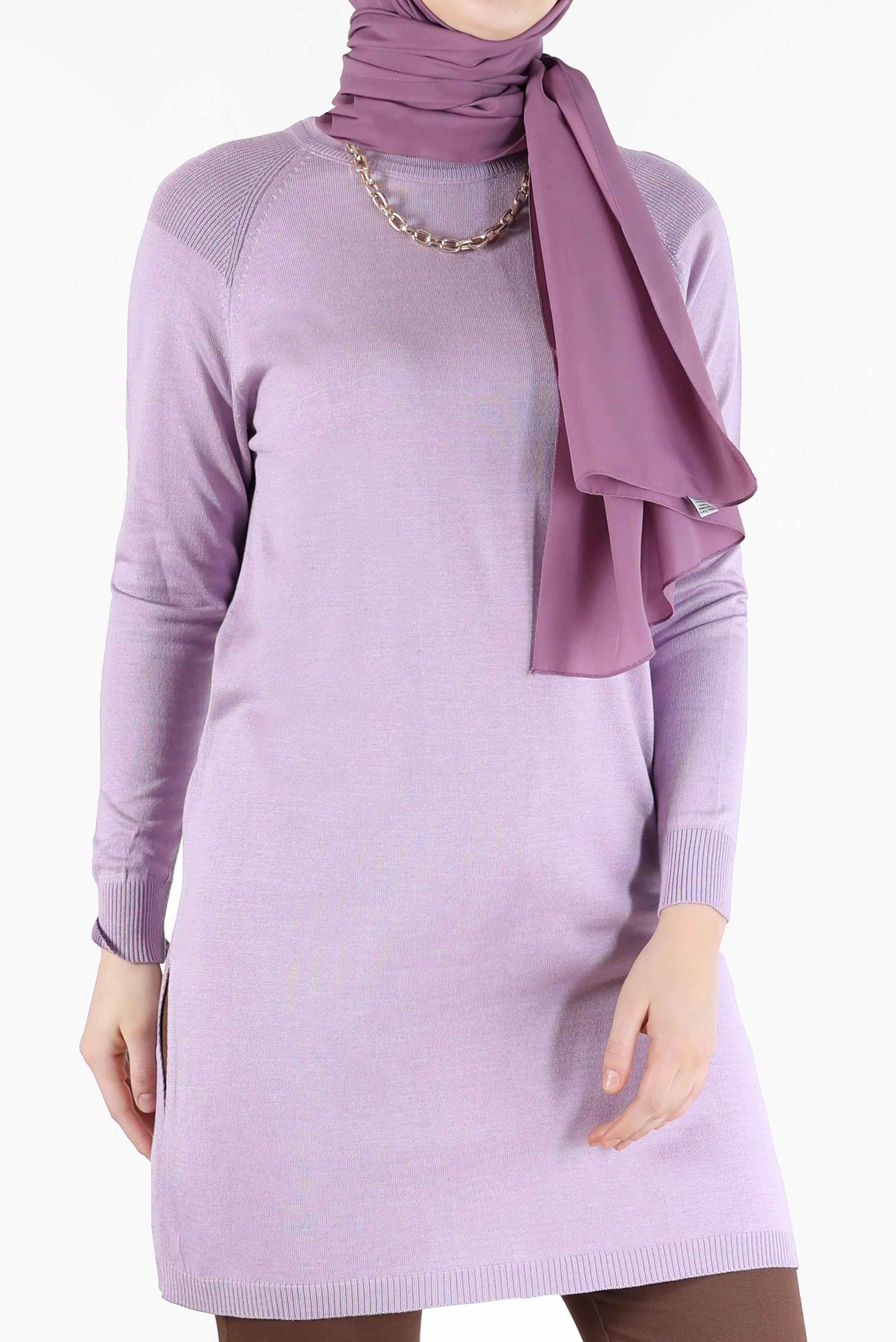 Tesettür giyim MOR YANLARI YIRTMAÇLI TRİKO TUNİK 42100