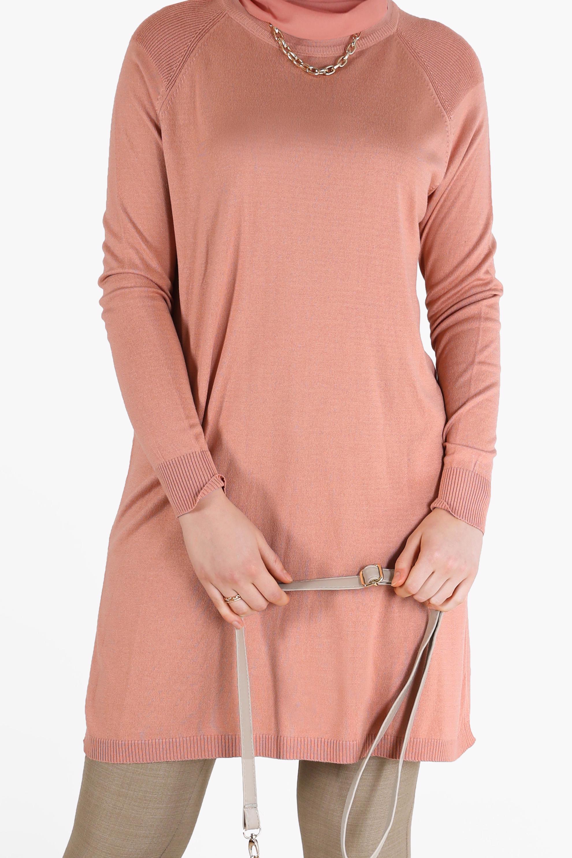 Tesettür giyim PUDRA YANLARI YIRTMAÇLI TRİKO TUNİK 42100