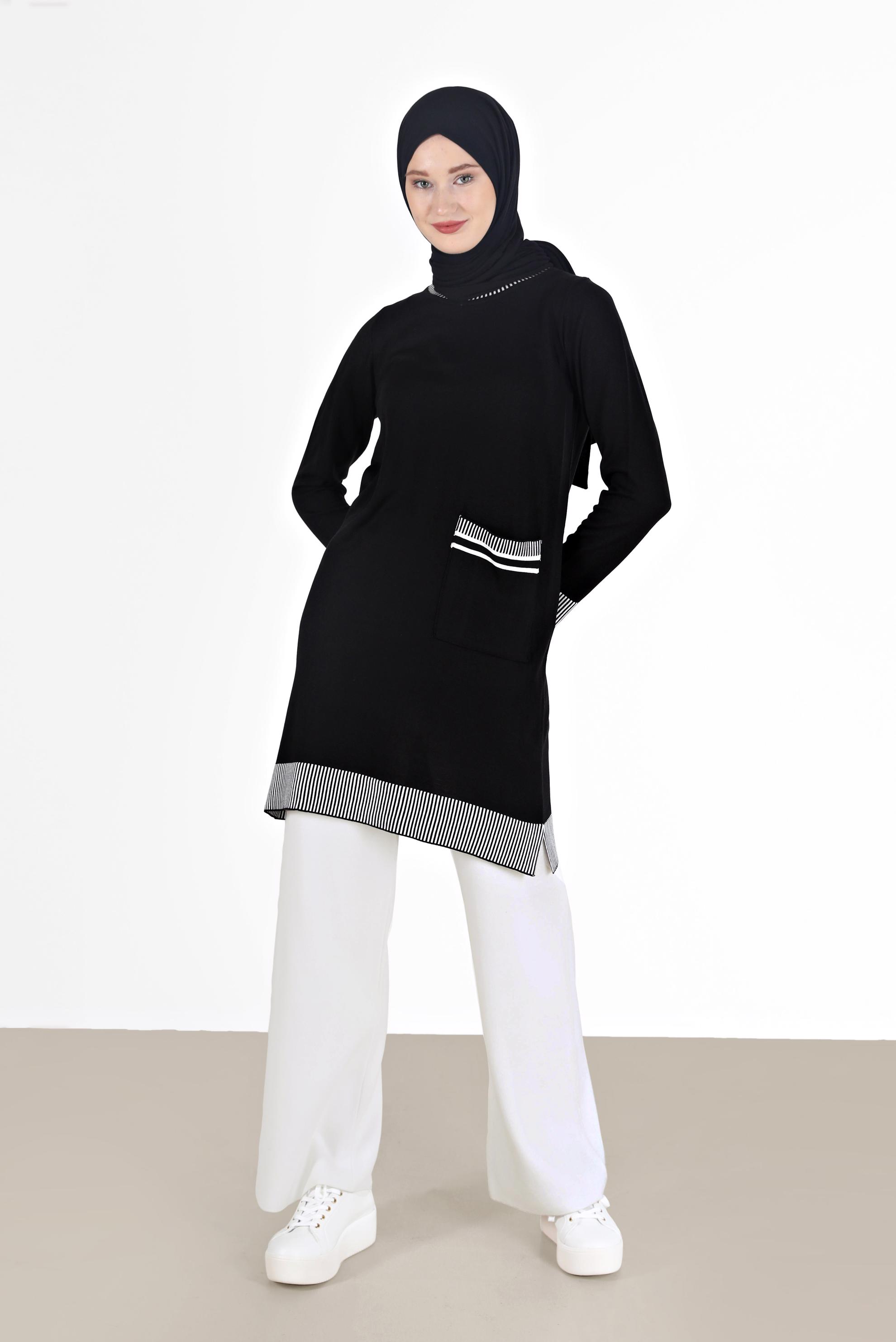 Hijab clothing BLACK POCKET DETAIL KNITWEAR TUNIC 42104 