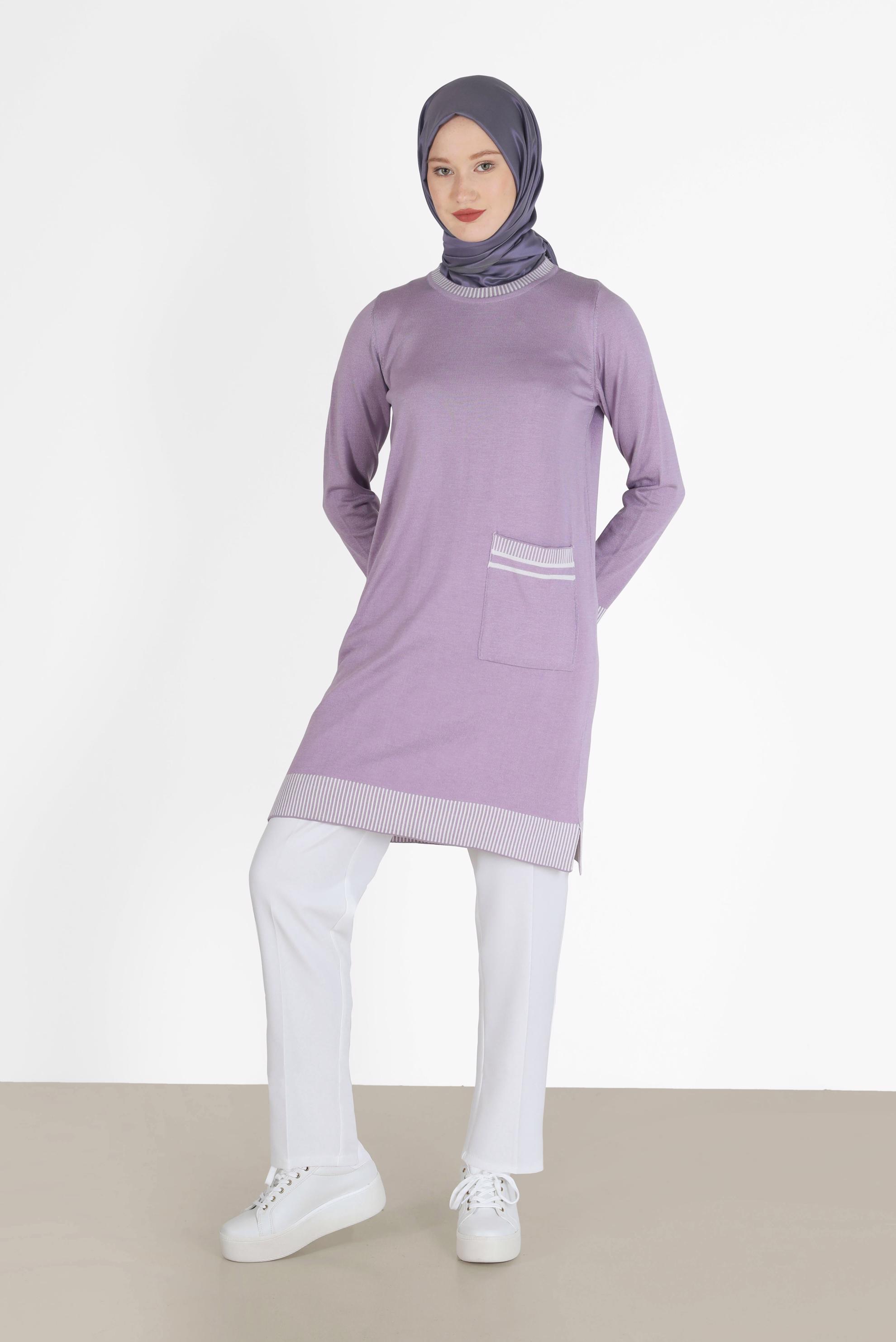 Tesettür giyim MOR CEP DETAYLI TRİKO TUNİK 42104
