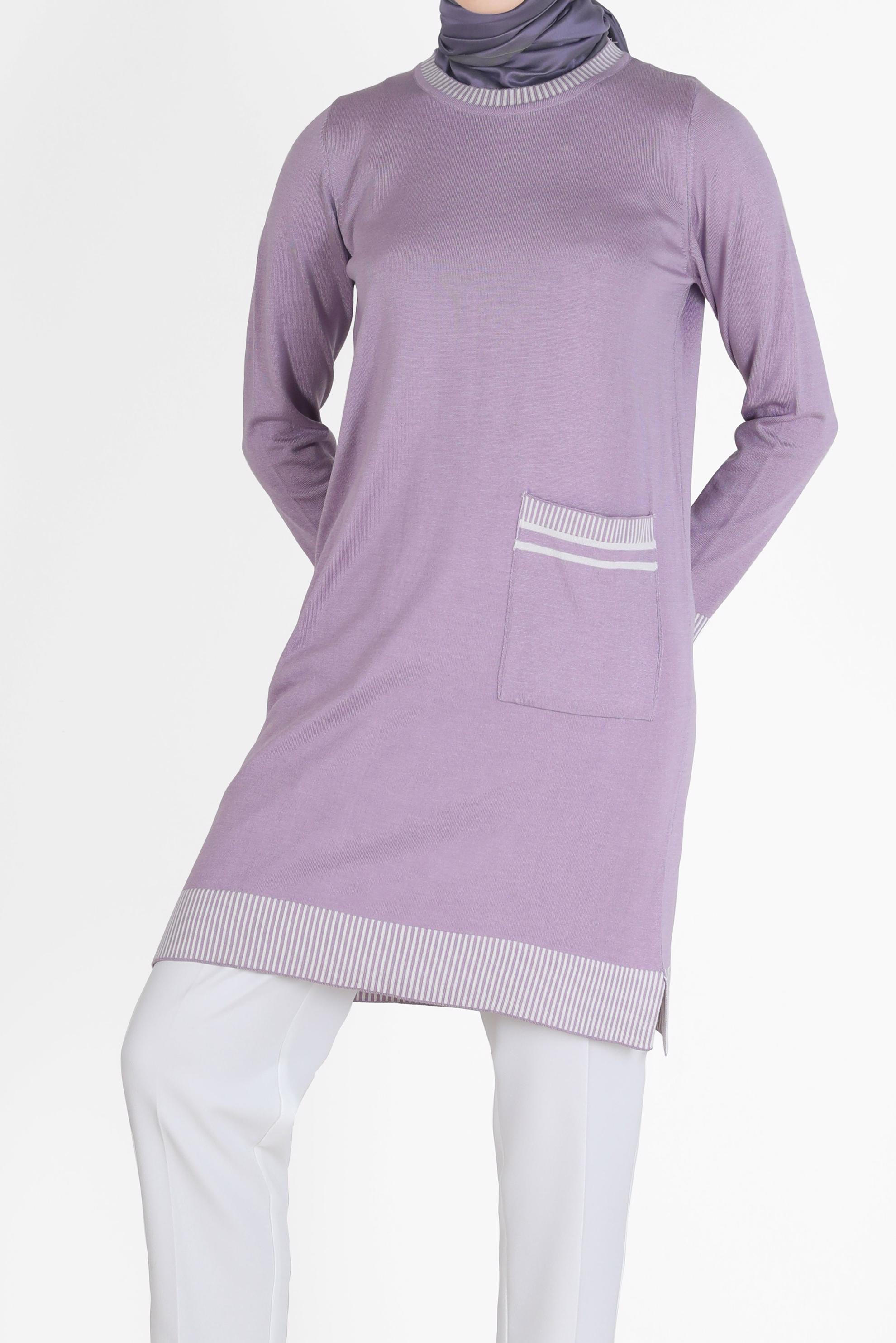 Tesettür giyim MOR CEP DETAYLI TRİKO TUNİK 42104
