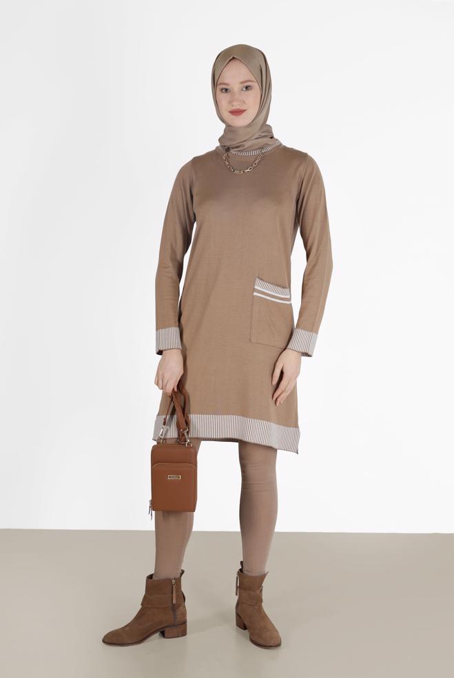 Tesettür giyim KAHVE CEP DETAYLI TRİKO TUNİK 42104 - ALVİNA