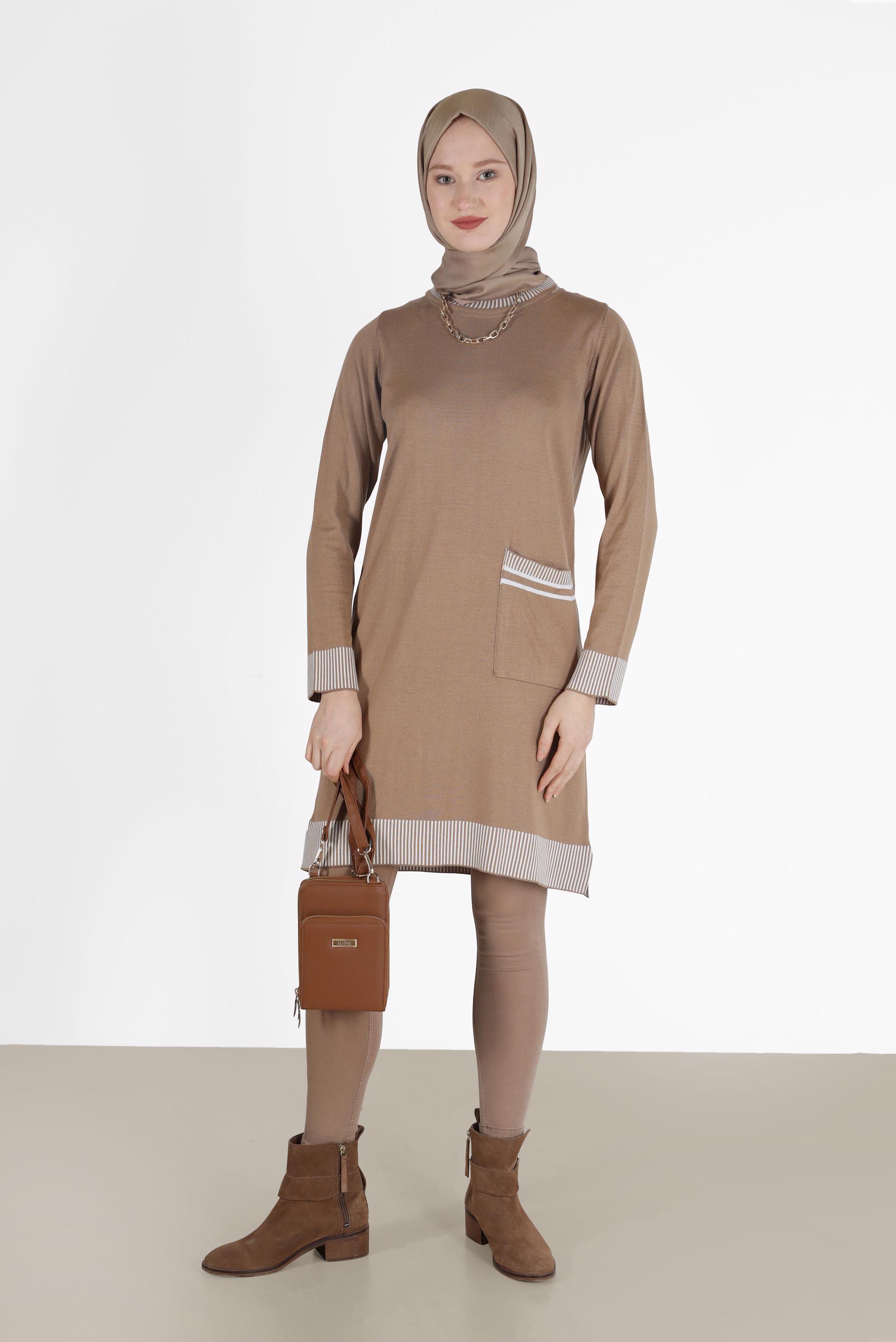 Tesettür giyim KAHVE CEP DETAYLI TRİKO TUNİK 42104