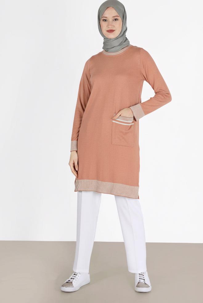 Vêtements hijab POUDRE TUNIQUE MAILLE DÉTAIL POCHE 42104 - ALVİNA