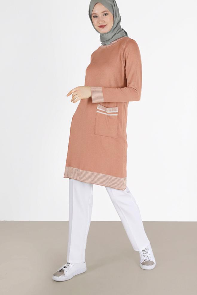 Vêtements hijab POUDRE TUNIQUE MAILLE DÉTAIL POCHE 42104 - ALVİNA