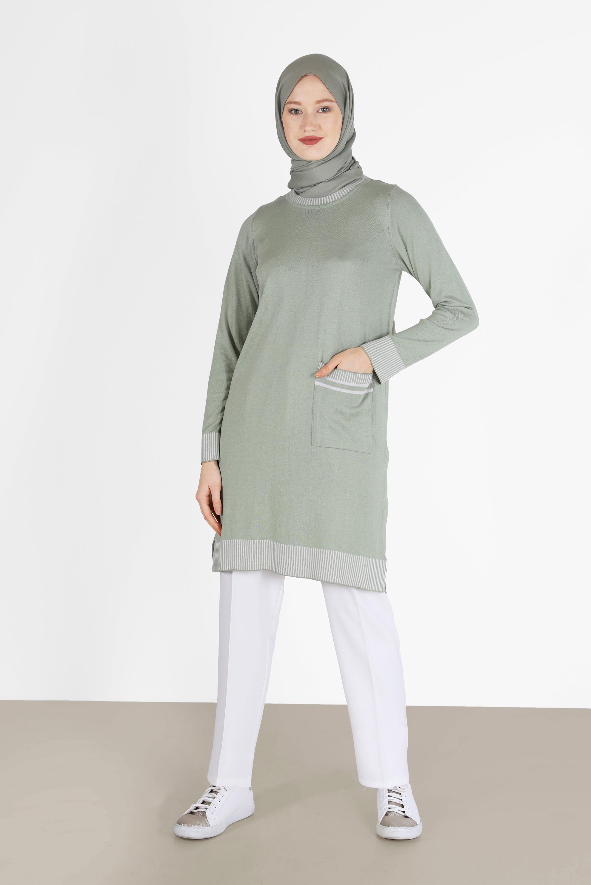 Tesettür giyim YEŞİL CEP DETAYLI TRİKO TUNİK 42104