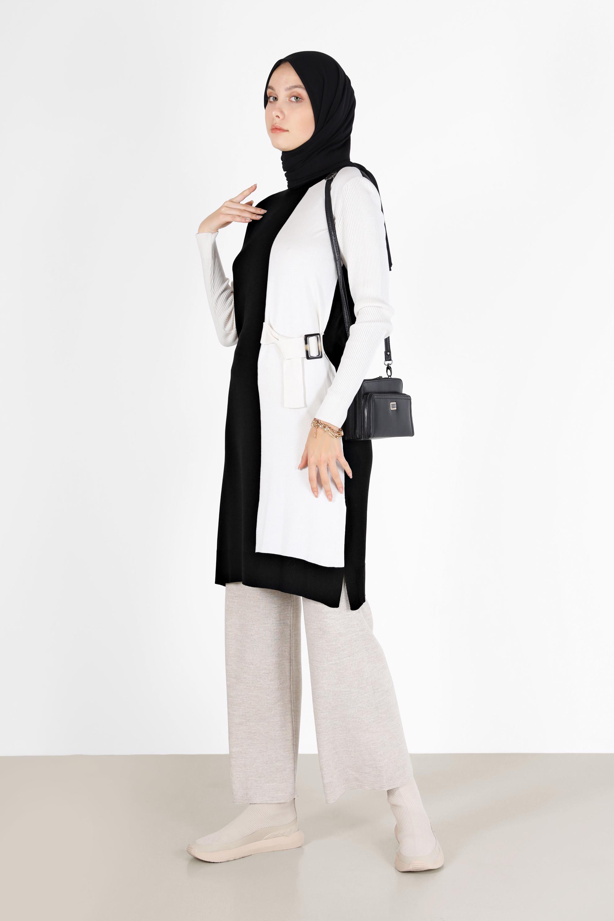 Tesettür giyim SİYAH KUŞAK DETAYLI 2 RENKLİ TRİKO TUNİK 42105 