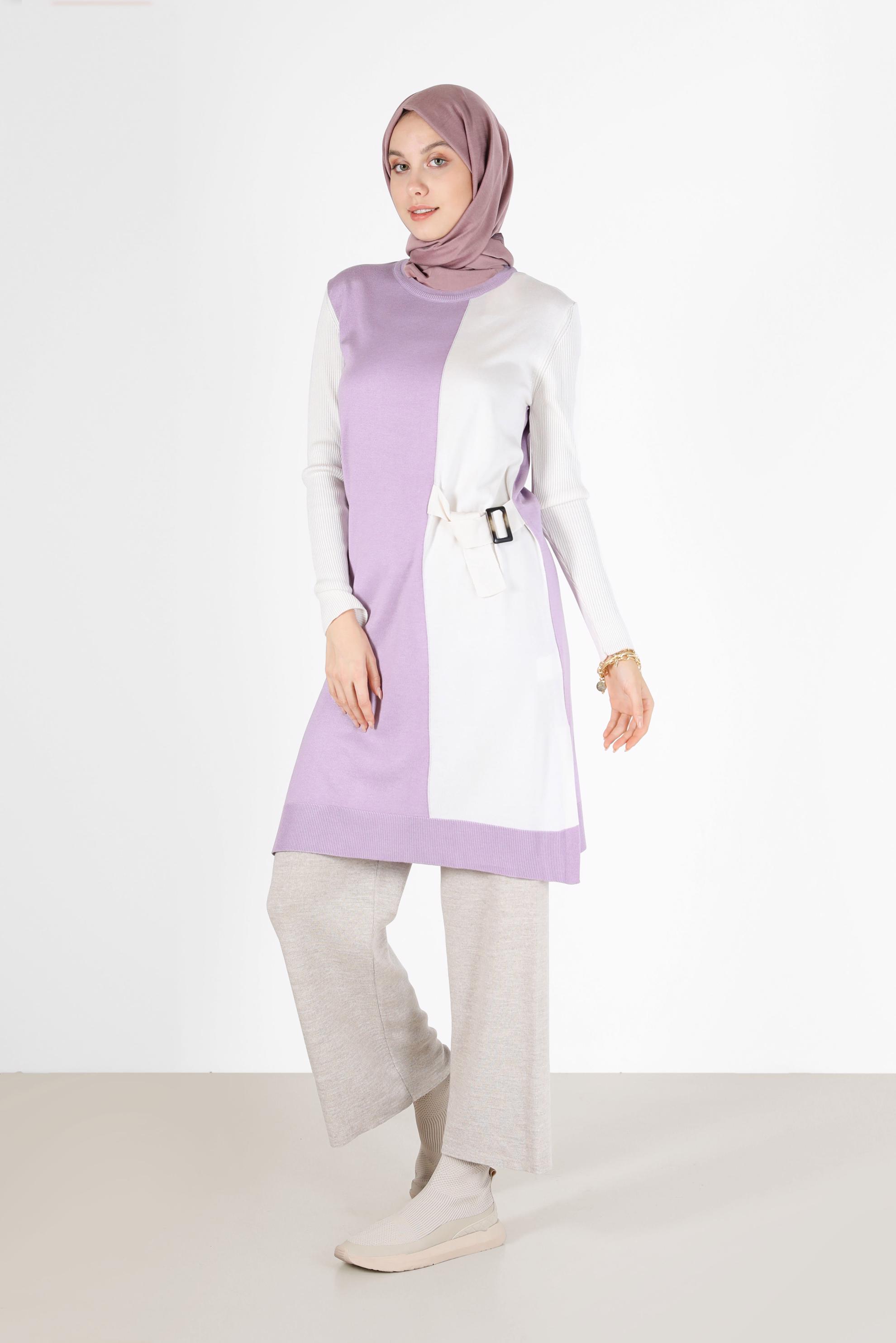 Tesettür giyim MOR KUŞAK DETAYLI 2 RENKLİ TRİKO TUNİK 42105 