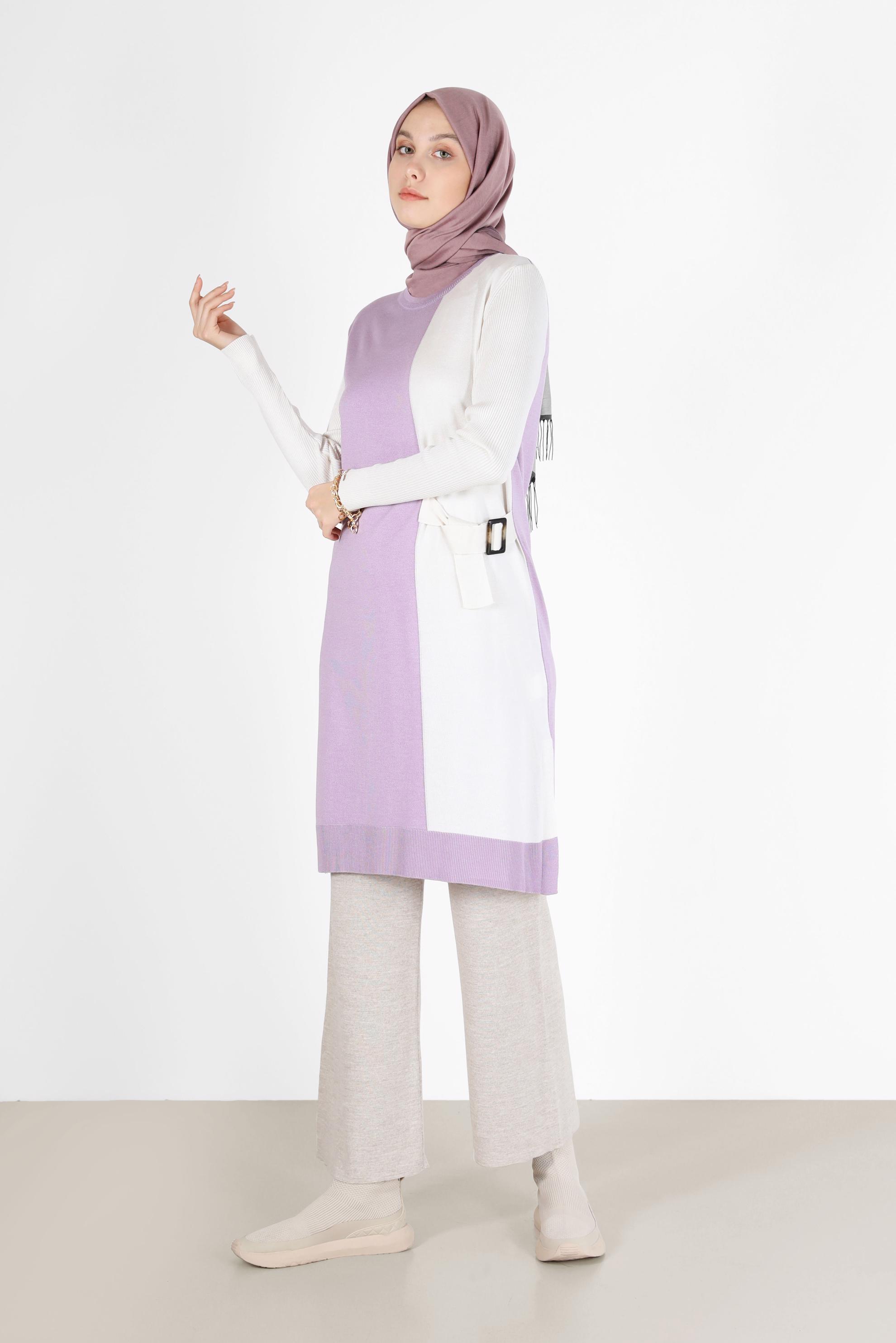 Tesettür giyim MOR KUŞAK DETAYLI 2 RENKLİ TRİKO TUNİK 42105 