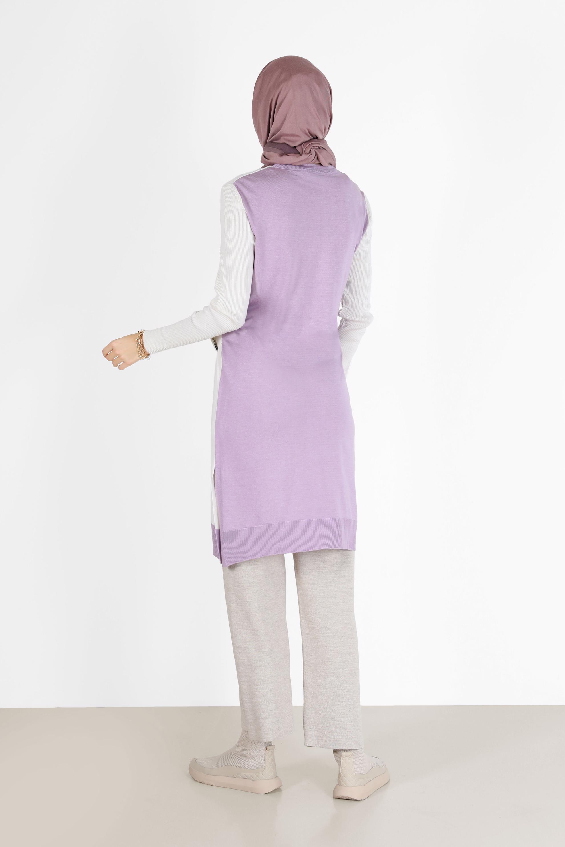Tesettür giyim MOR KUŞAK DETAYLI 2 RENKLİ TRİKO TUNİK 42105 