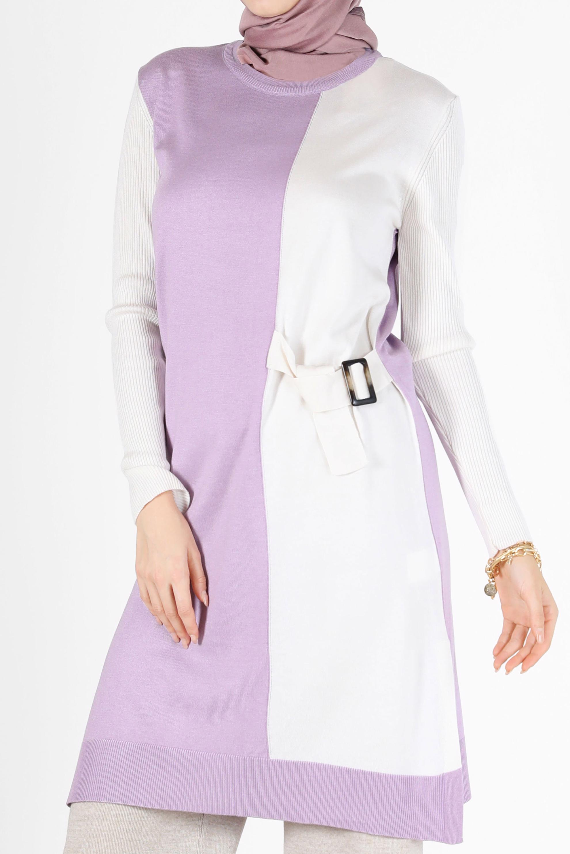 Tesettür giyim MOR KUŞAK DETAYLI 2 RENKLİ TRİKO TUNİK 42105 