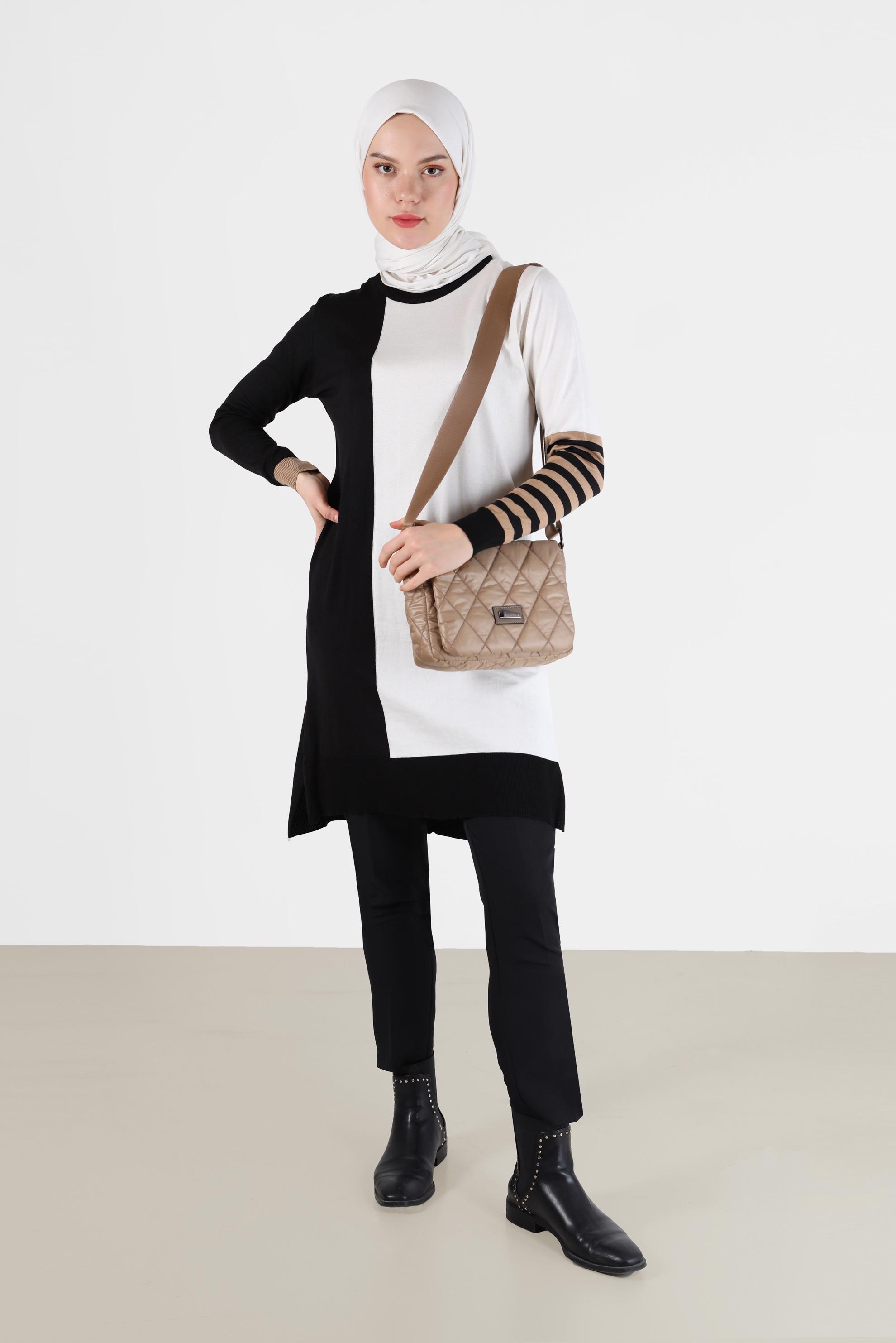 Tesettür giyim SİYAH ŞERİT DETAYLI 3-RENKLİ TRİKO TUNİK 42106 