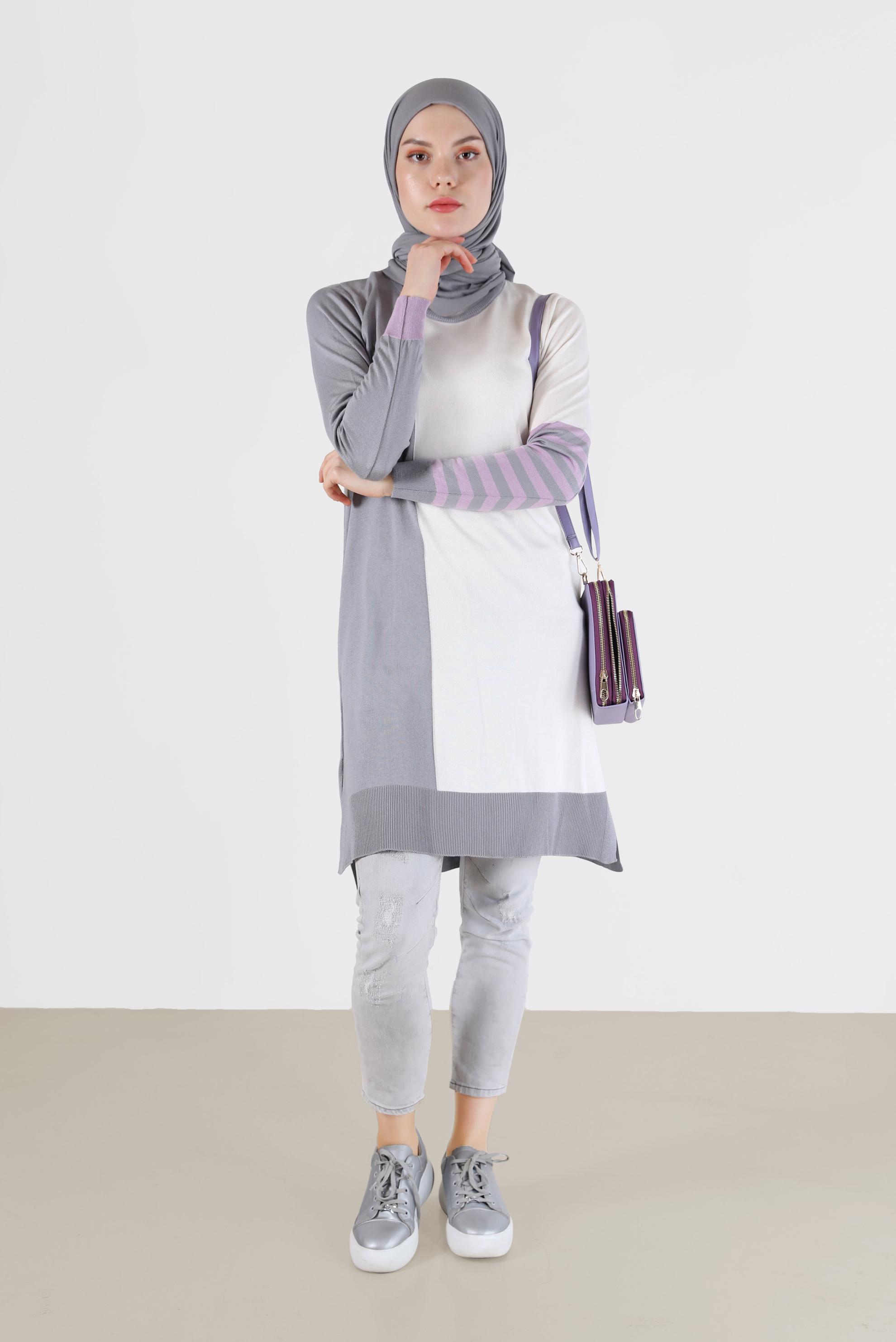 Tesettür giyim GRİ ŞERİT DETAYLI 3-RENKLİ TRİKO TUNİK 42106 