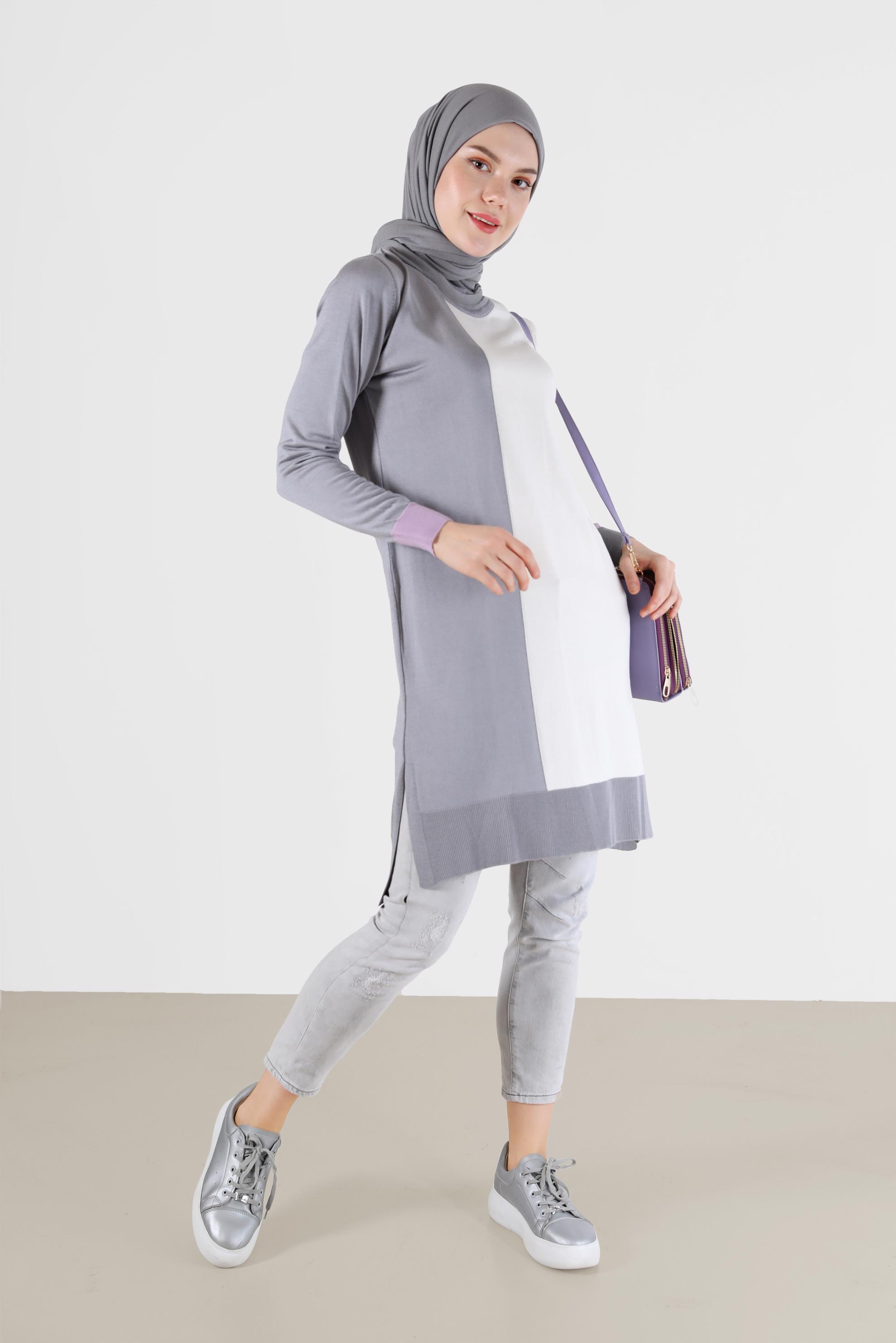 Tesettür giyim GRİ ŞERİT DETAYLI 3-RENKLİ TRİKO TUNİK 42106 