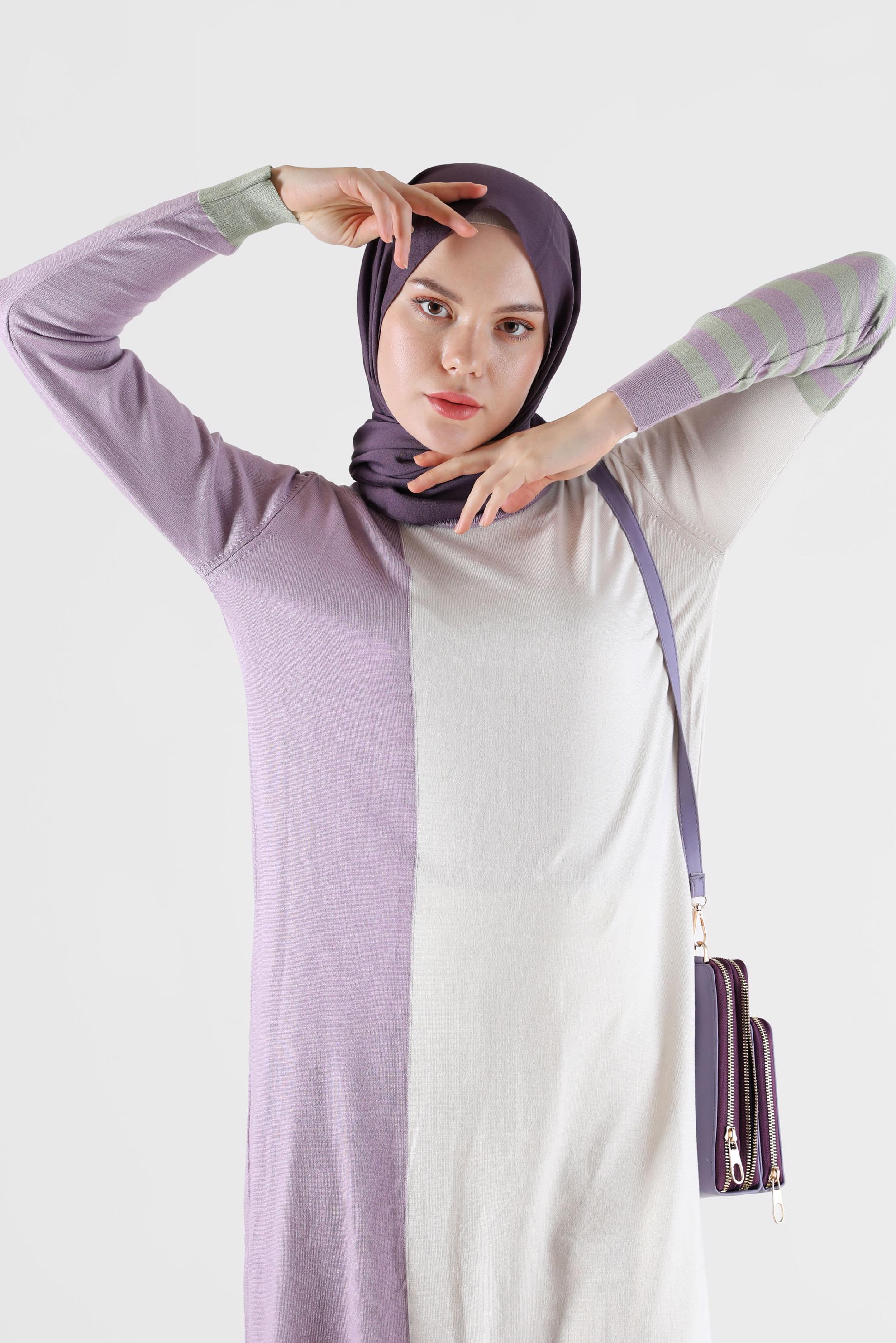 Tesettür giyim MOR ŞERİT DETAYLI 3-RENKLİ TRİKO TUNİK 42106 