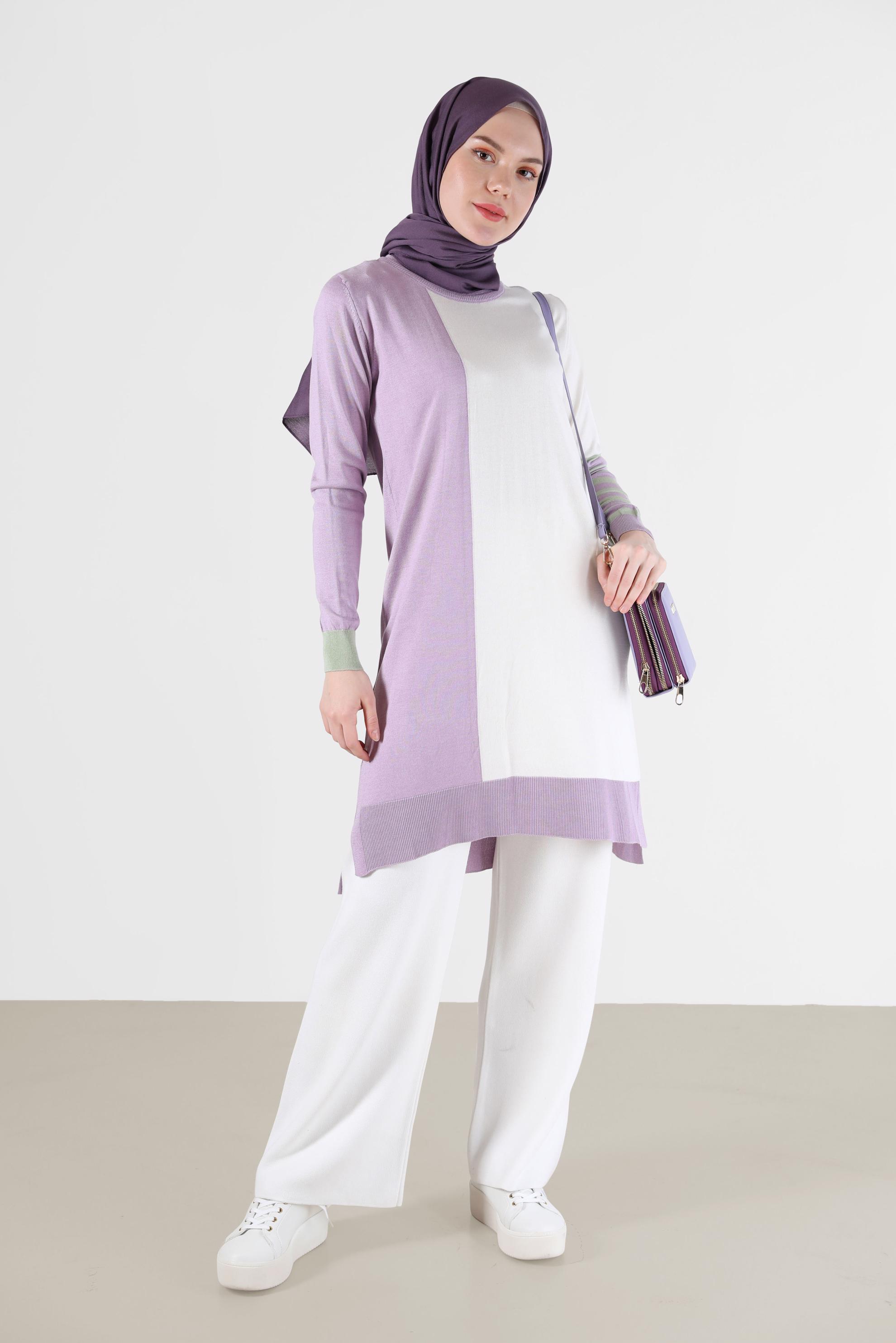 Tesettür giyim MOR ŞERİT DETAYLI 3-RENKLİ TRİKO TUNİK 42106 