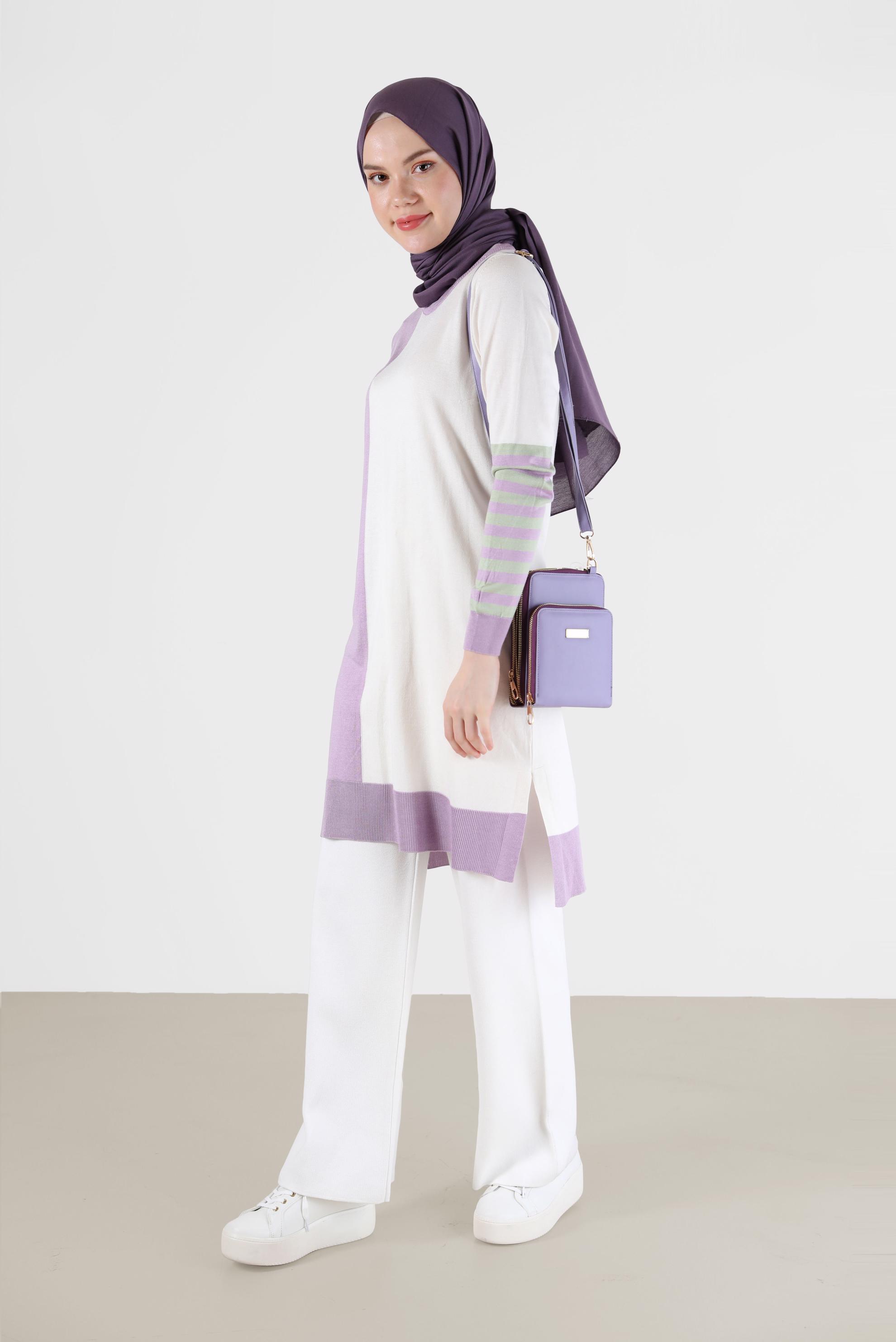 Tesettür giyim MOR ŞERİT DETAYLI 3-RENKLİ TRİKO TUNİK 42106 