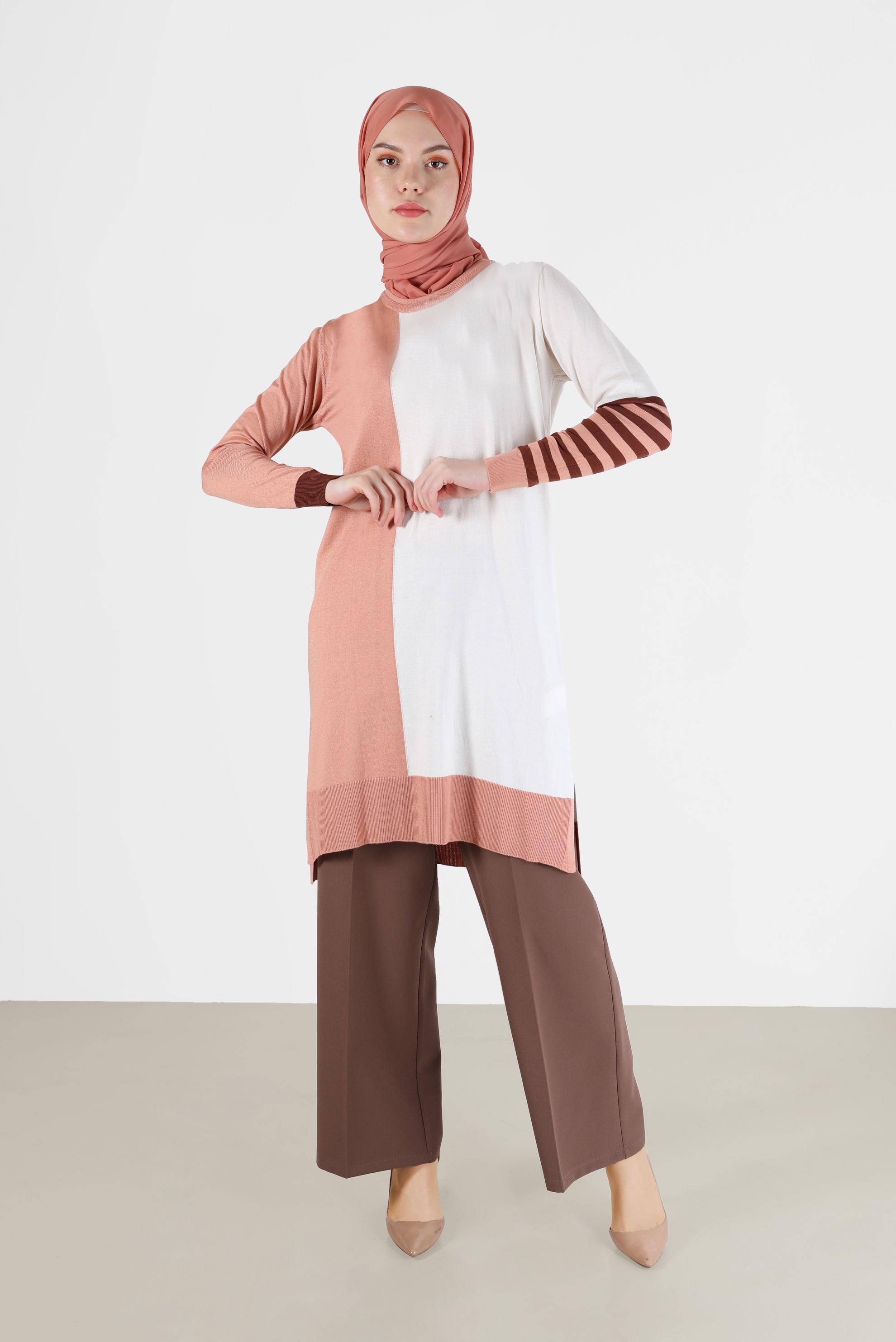 Tesettür giyim PUDRA ŞERİT DETAYLI 3-RENKLİ TRİKO TUNİK 42106 