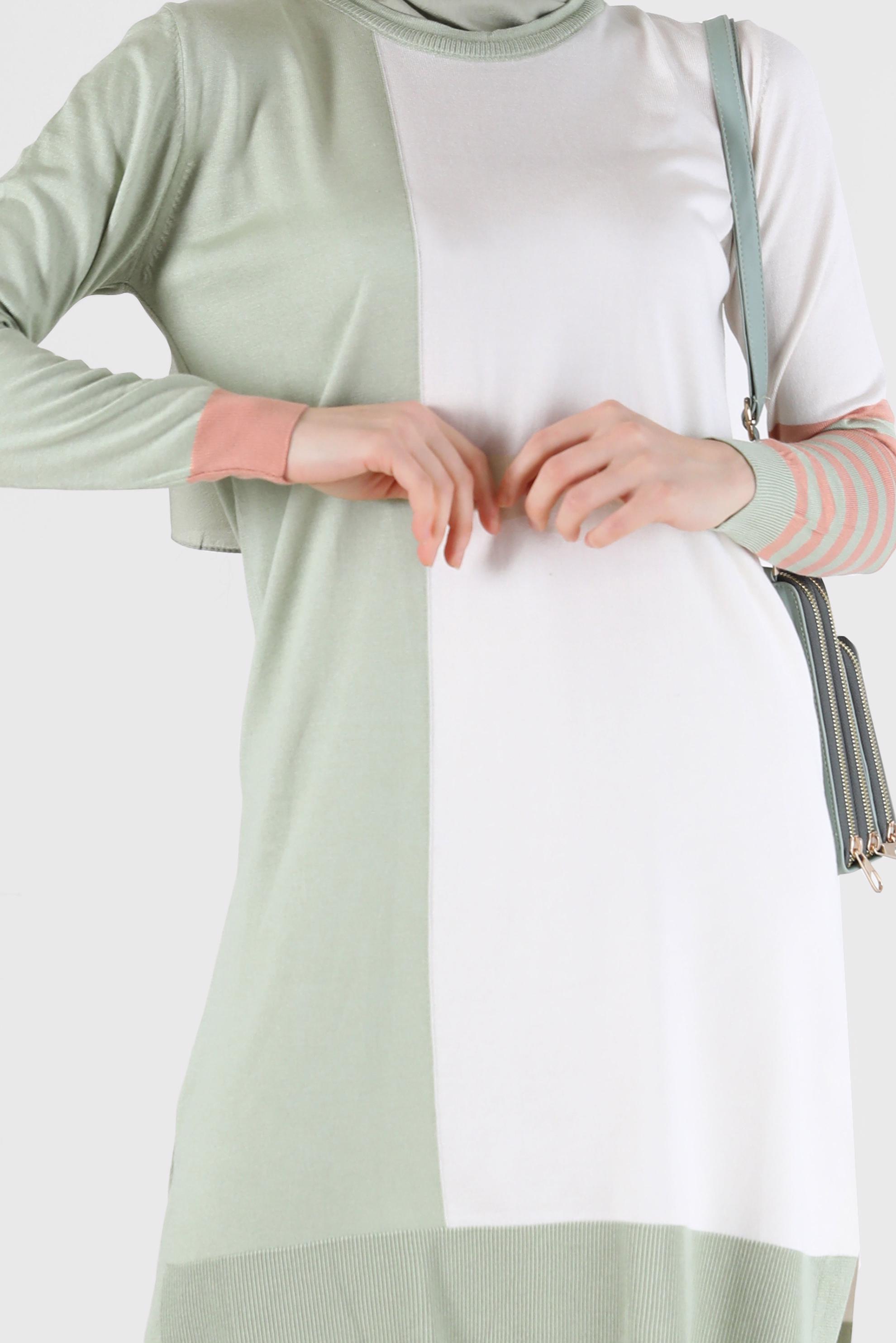 Tesettür giyim YEŞİL ŞERİT DETAYLI 3-RENKLİ TRİKO TUNİK 42106 