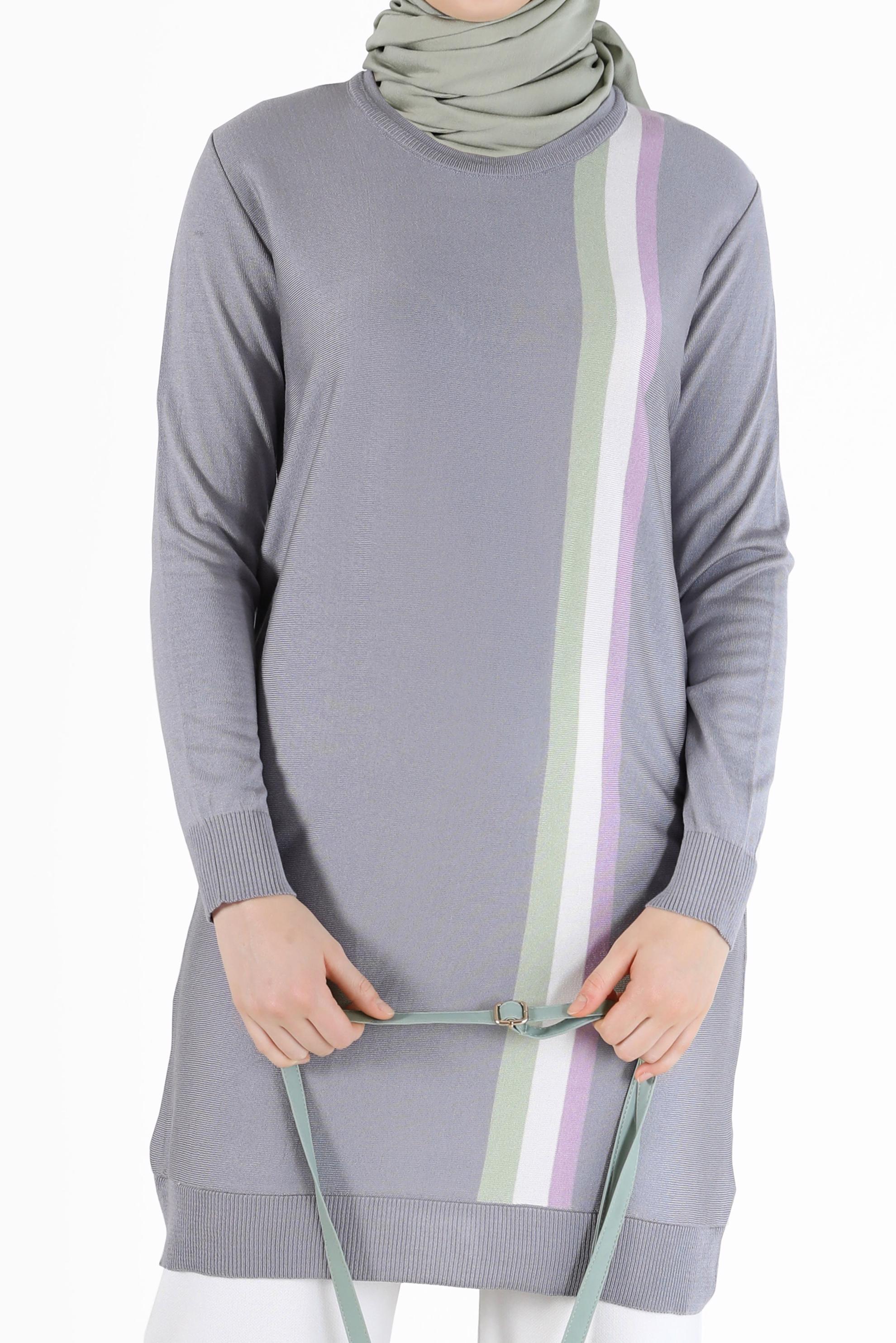 Tesettür giyim GRİ RENKLİ ŞERİT DETAYLI TRİKO TUNİK 42107 