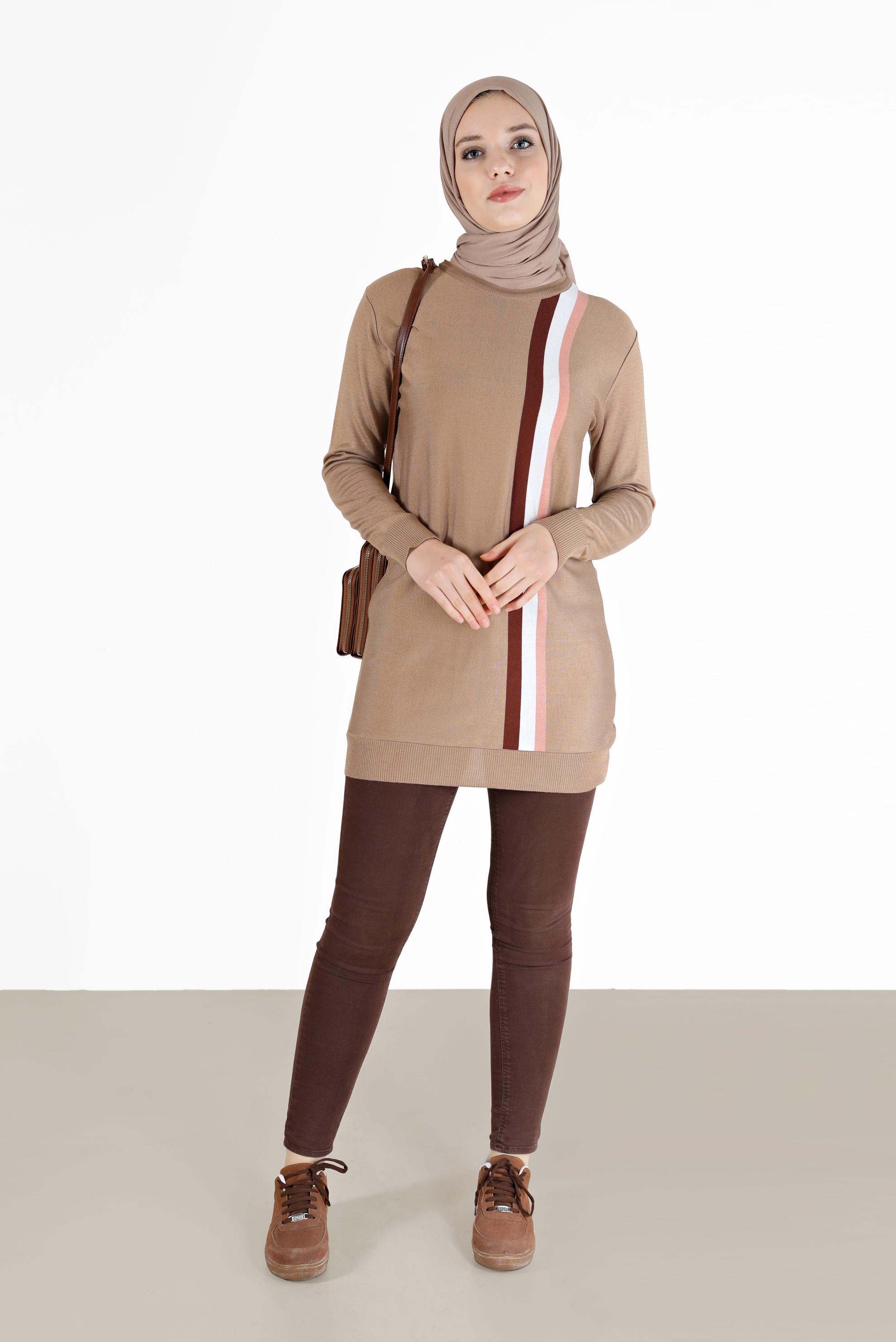 Tesettür giyim KAHVE RENKLİ ŞERİT DETAYLI TRİKO TUNİK 42107 