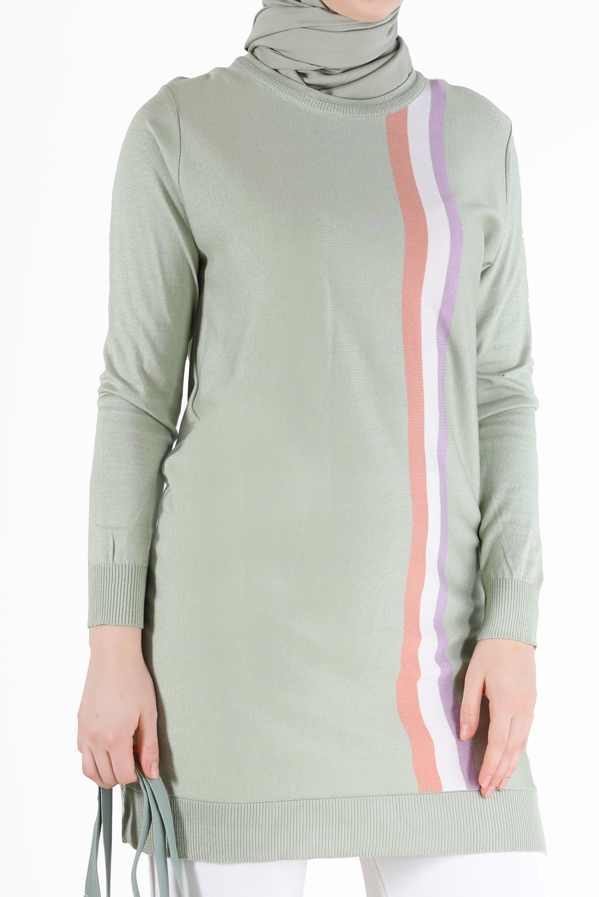 Tesettür giyim YEŞİL RENKLİ ŞERİT DETAYLI TRİKO TUNİK 42107 