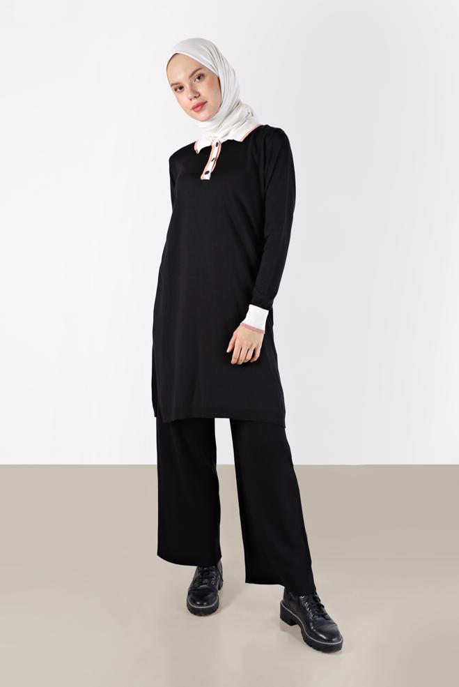 Tesettür giyim SİYAH POLO YAKA RİBANALI TRİKO TUNİK 42108  - ALVİNA