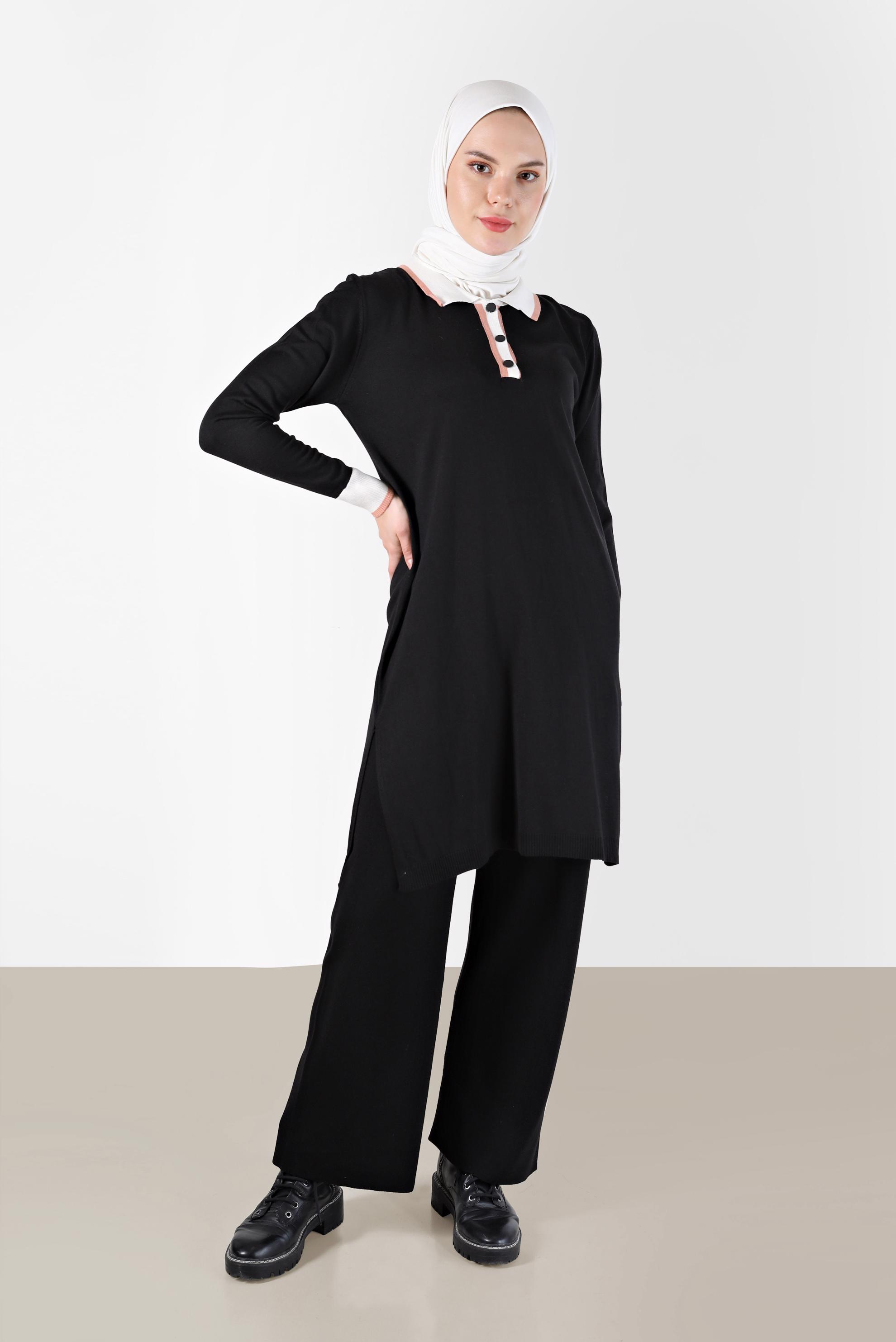 Hijab clothing BLACK POLO NECK RIBBED KNITWEAR TUNIC 42108 