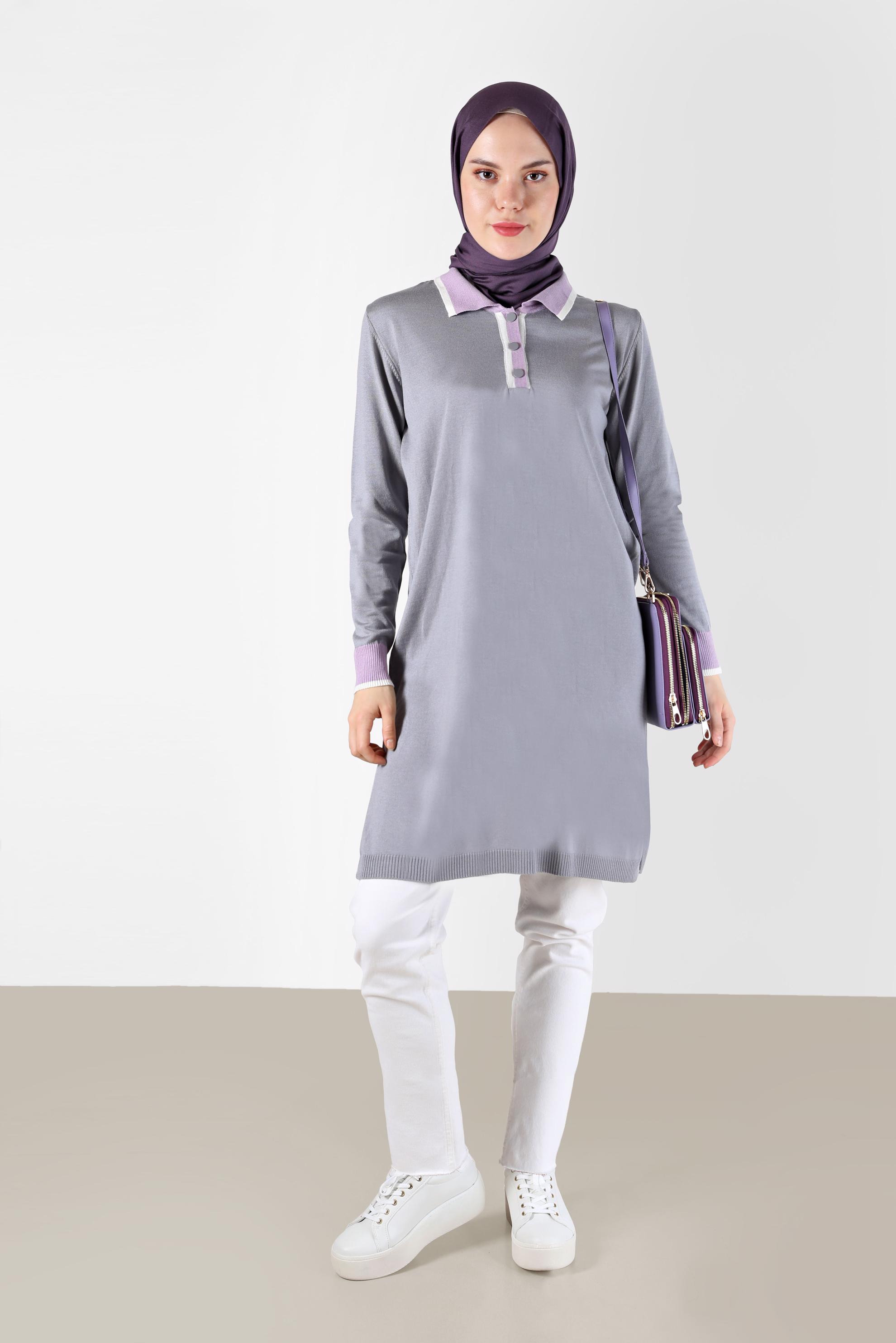 Tesettür giyim GRİ POLO YAKA RİBANALI TRİKO TUNİK 42108 