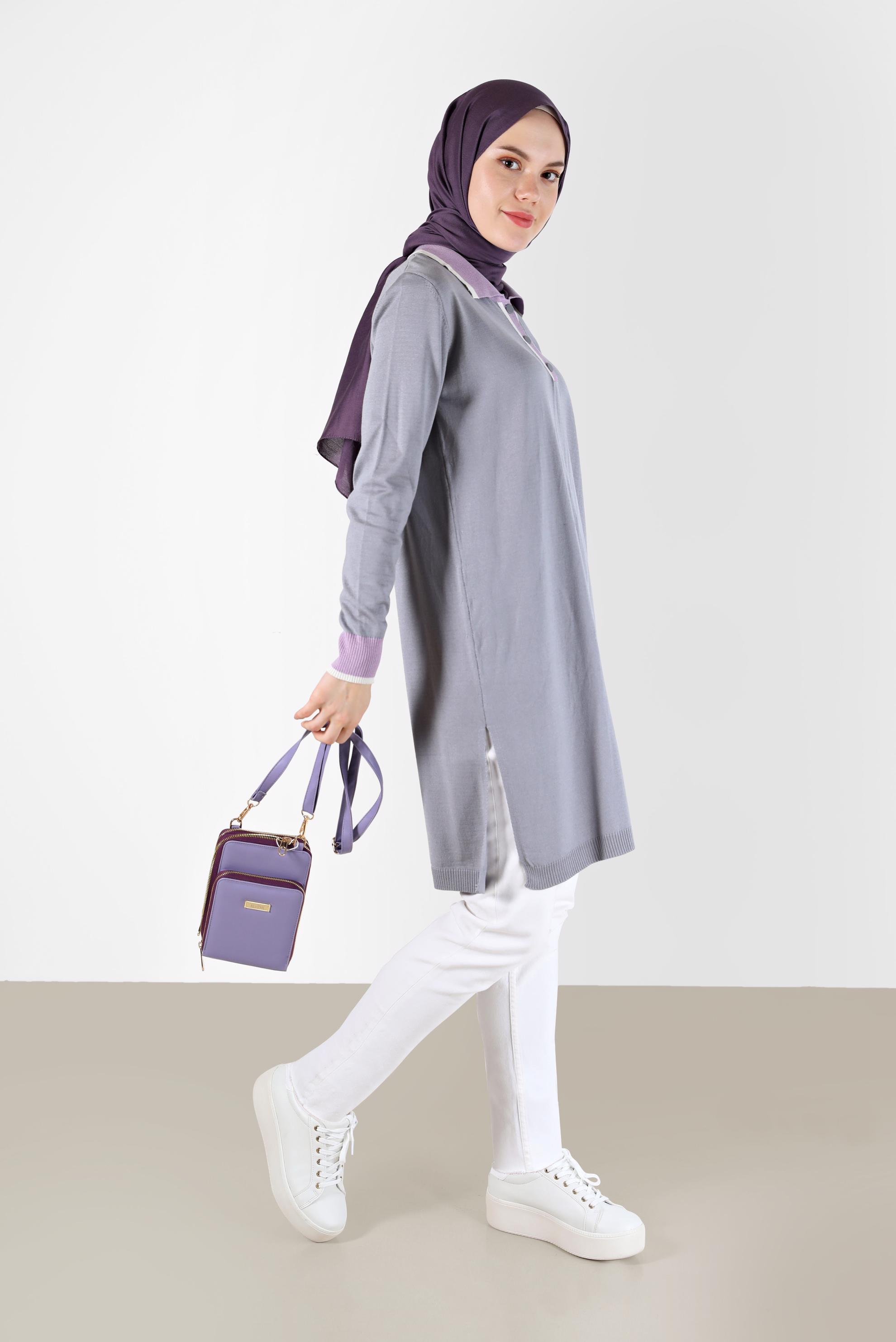 Tesettür giyim GRİ POLO YAKA RİBANALI TRİKO TUNİK 42108 